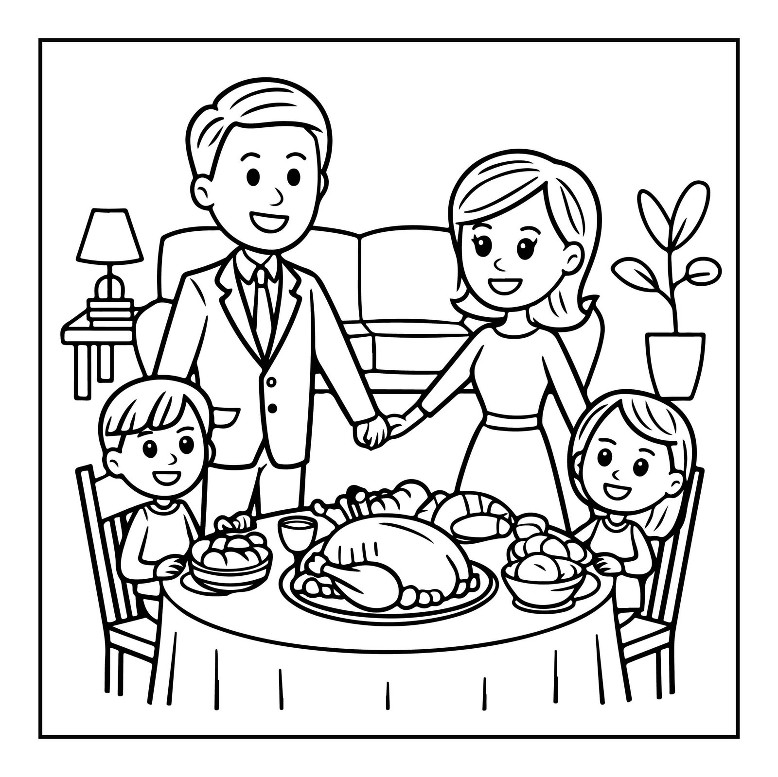Family Around The Table Thanksgiving Coloring Page
