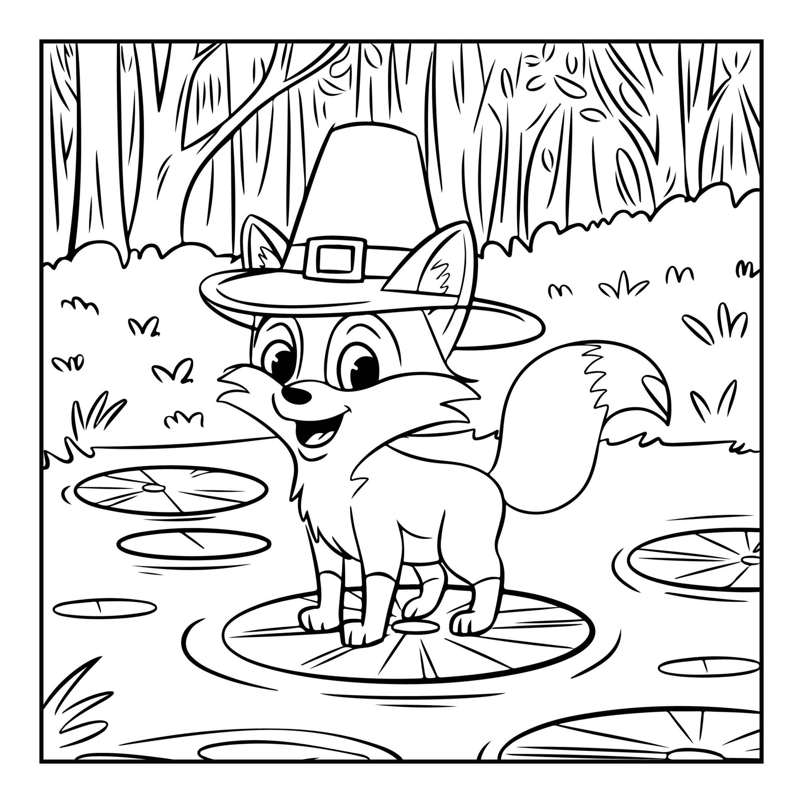 Fox With Pilgrims Hat Thanksgiving Coloring Page