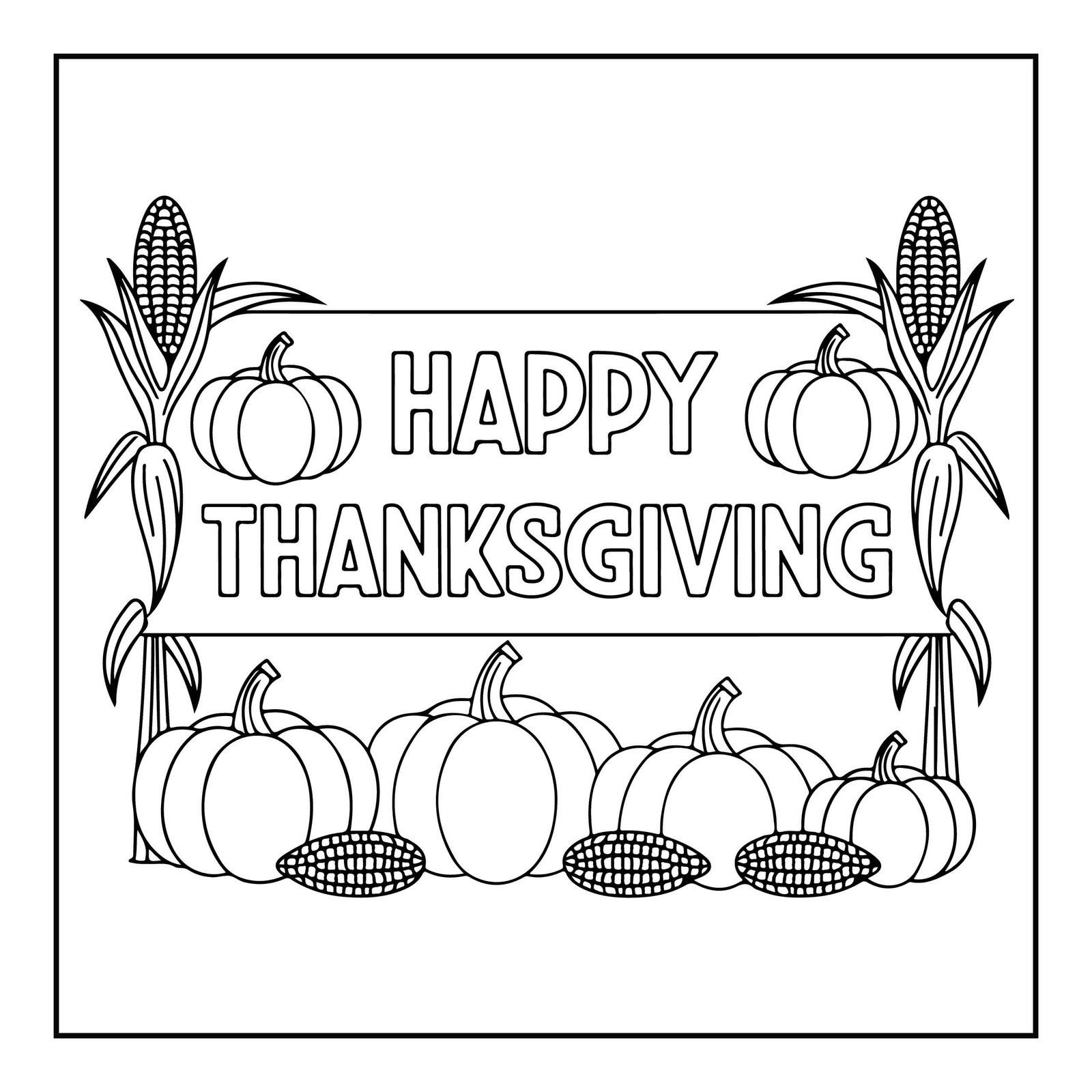 Happy Thanksgiving Coloring Page With Corn and Pumpkins