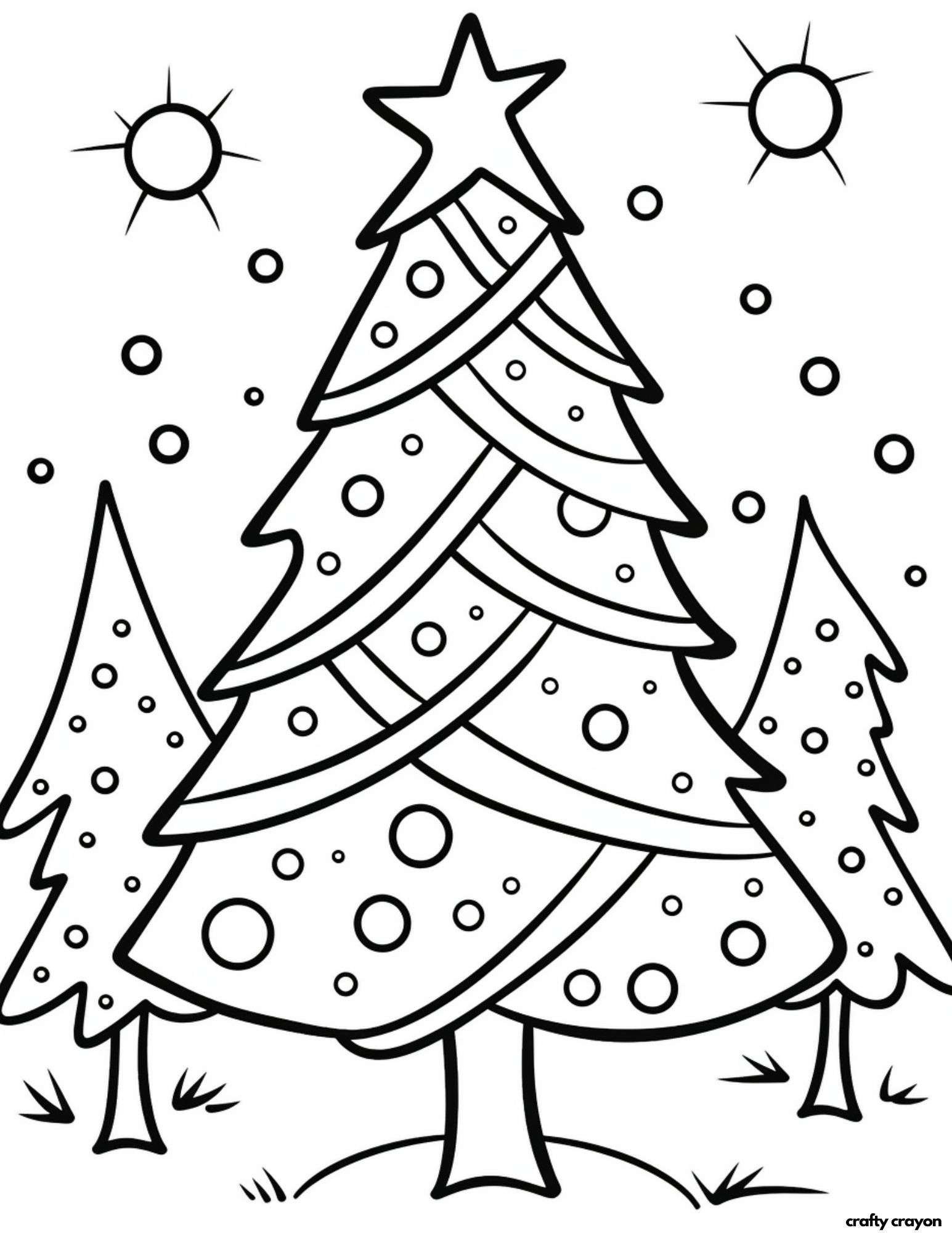 printable christmas tree coloring page snowy background
