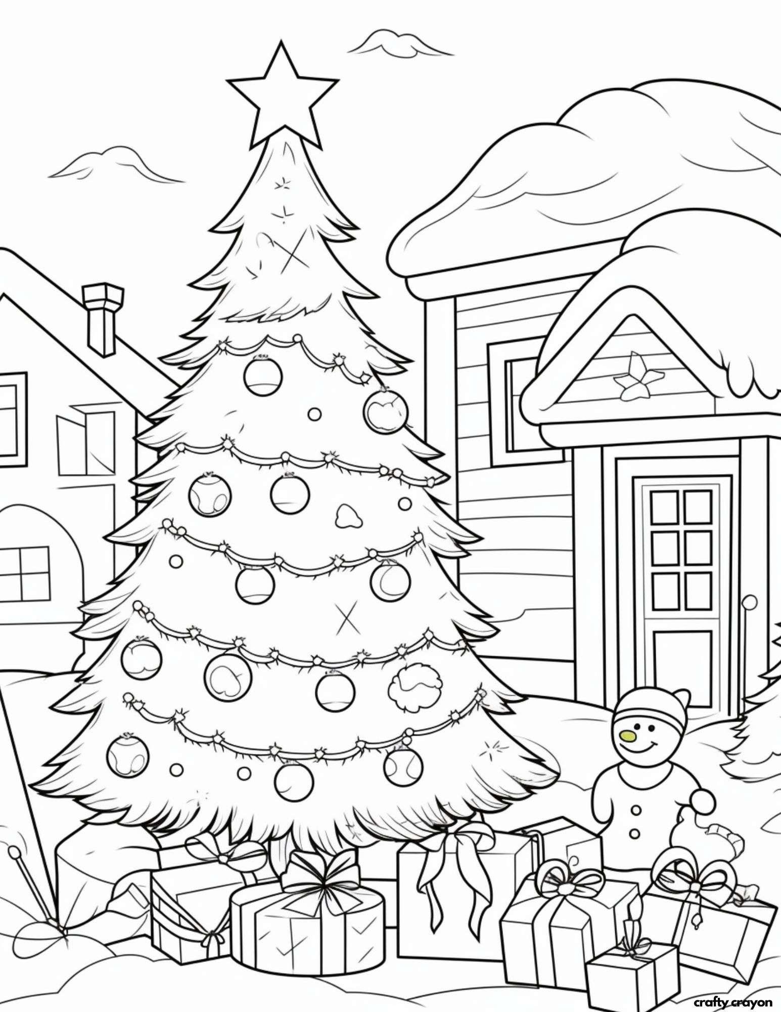 printable christmas tree coloring page snow and stars