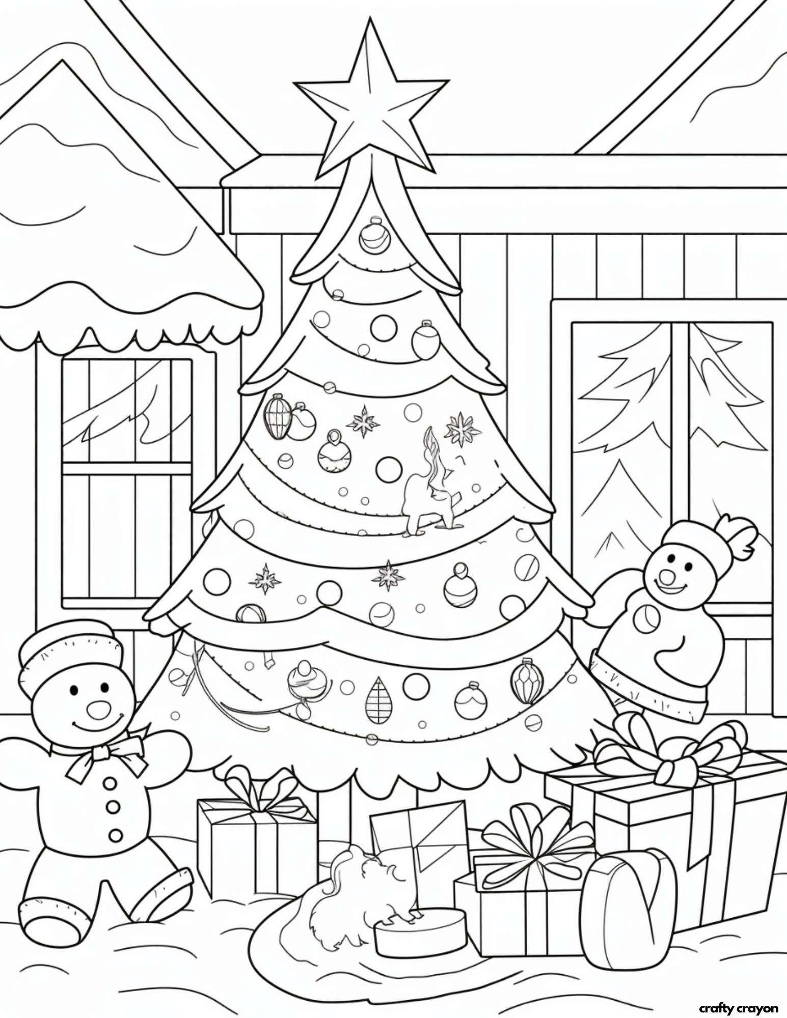 christmas tree coloring page snowman and gifts