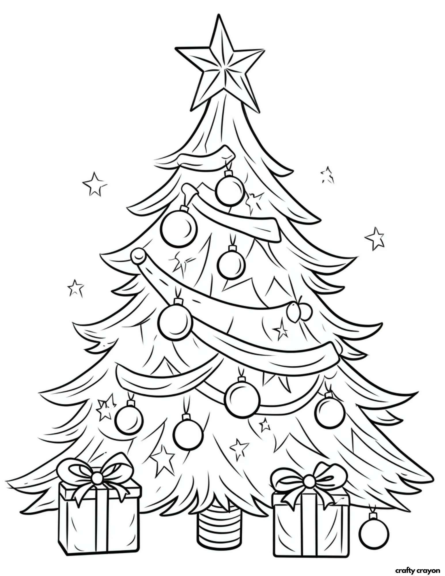 holiday tree coloring page with stars and presents
