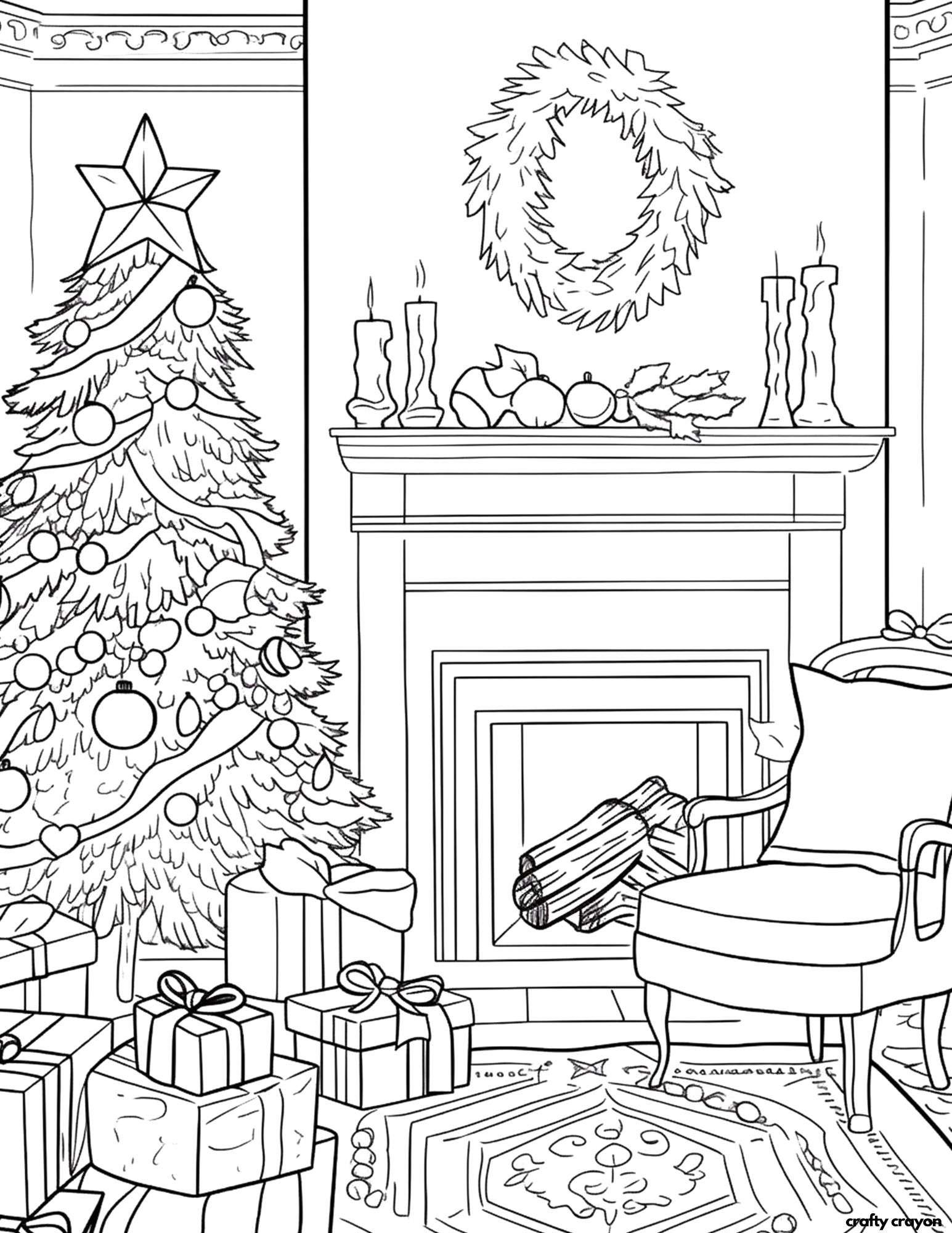 cozy christmas tree coloring page by the fireplace