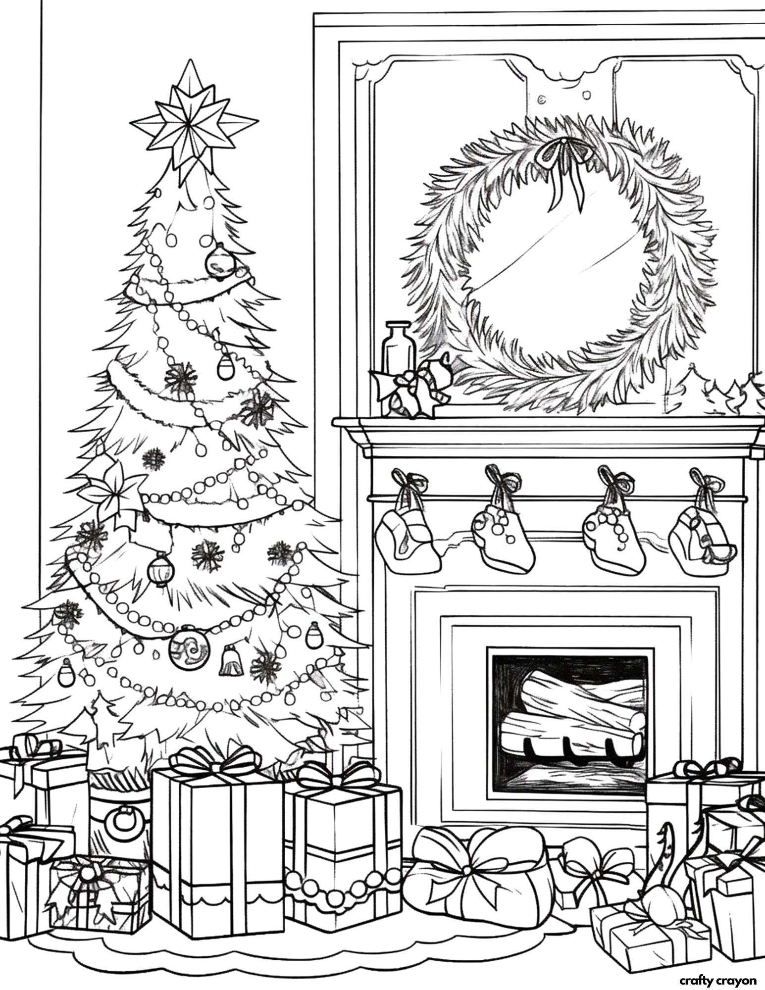 decorated christmas tree coloring page with stockings
