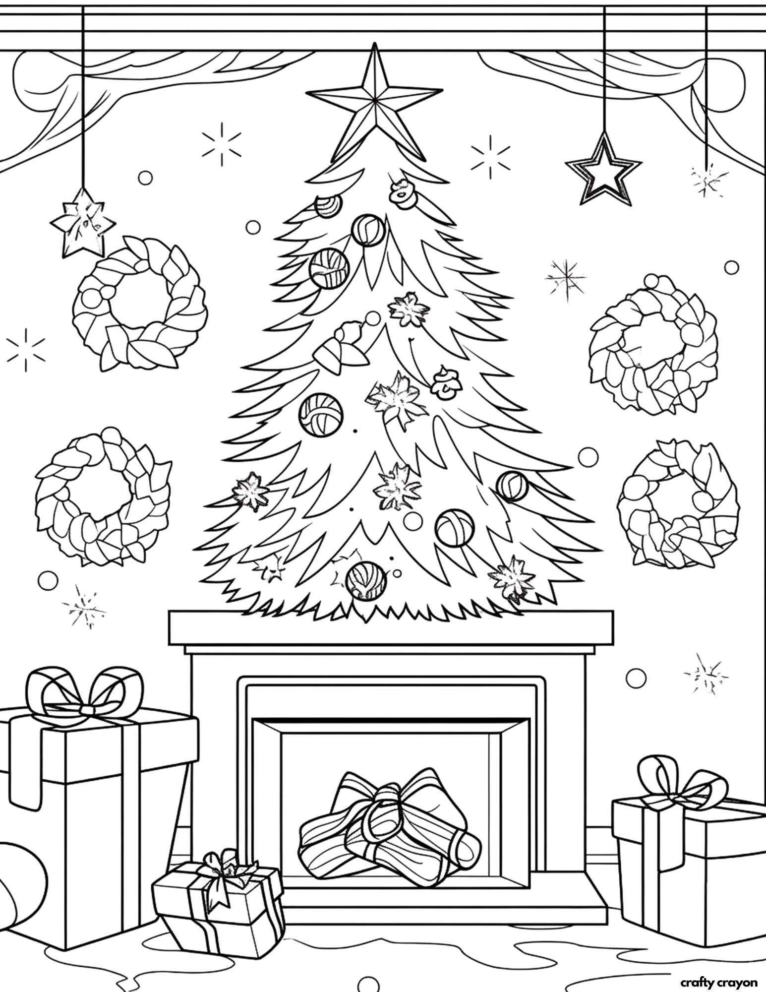 christmas tree coloring page with festive wreaths