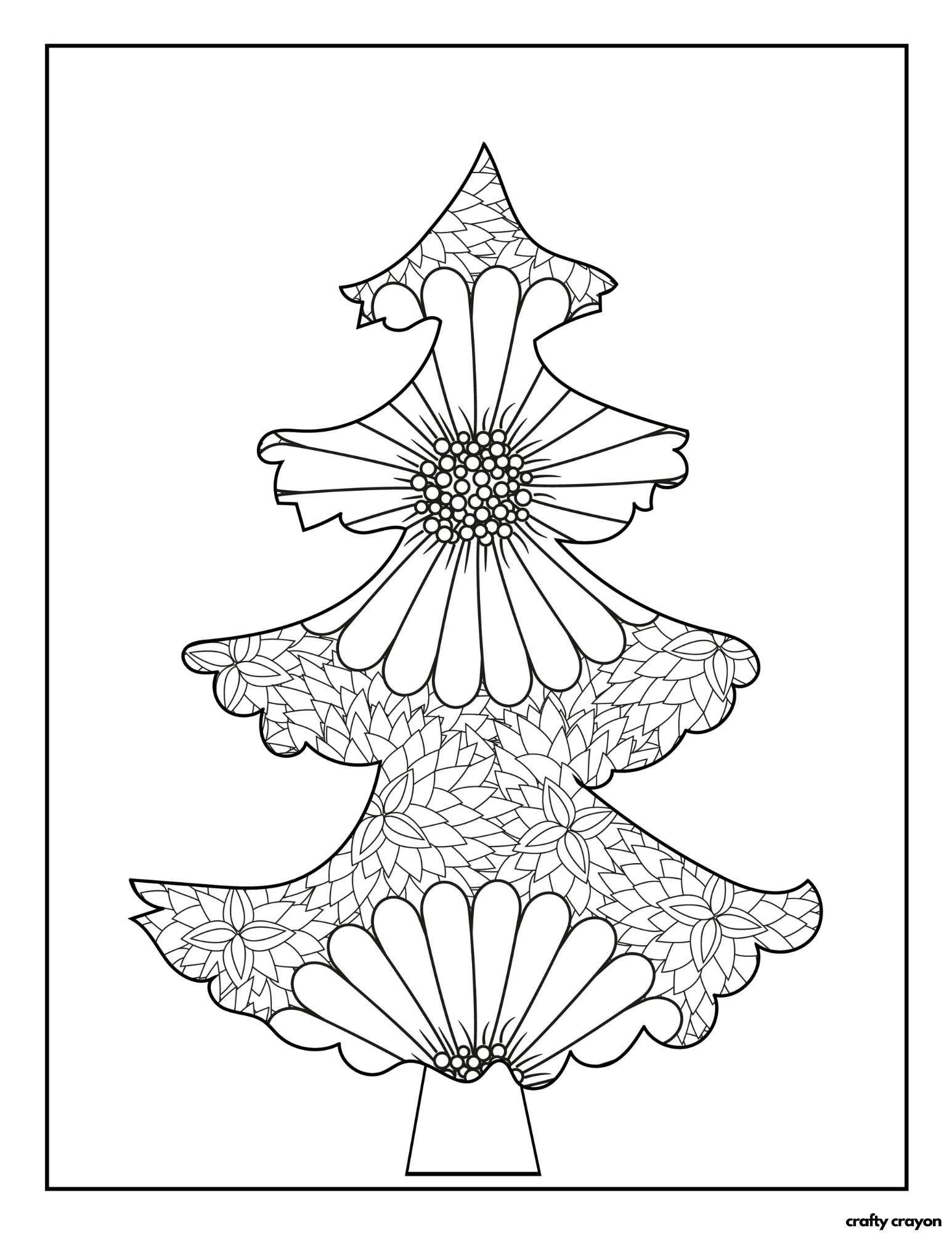 creative christmas tree coloring page with intricate designs