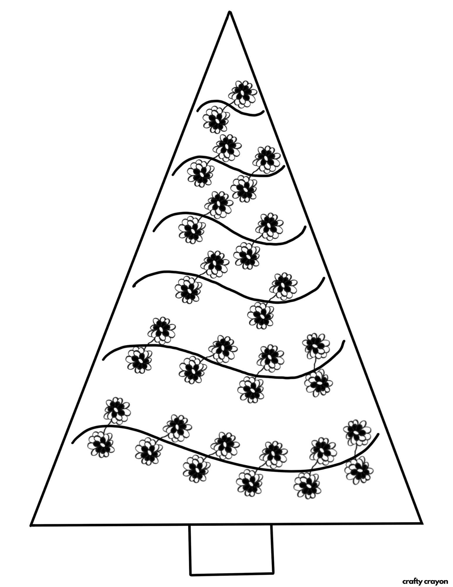 triangular christmas tree coloring page with floral details