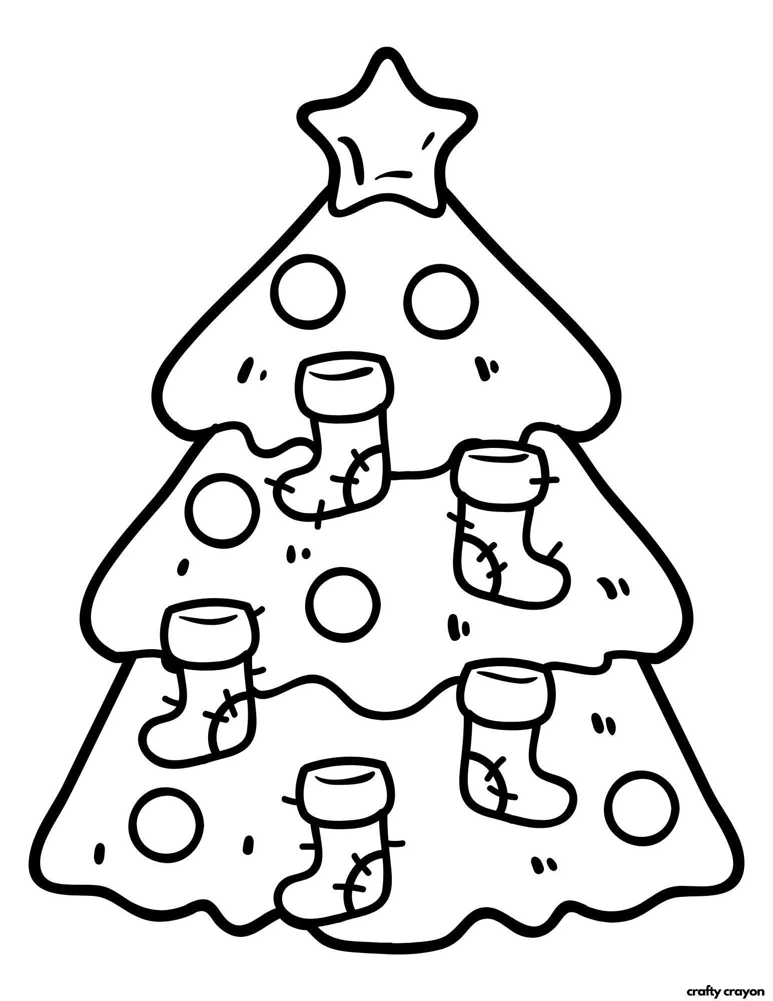 christmas tree coloring page with stockings