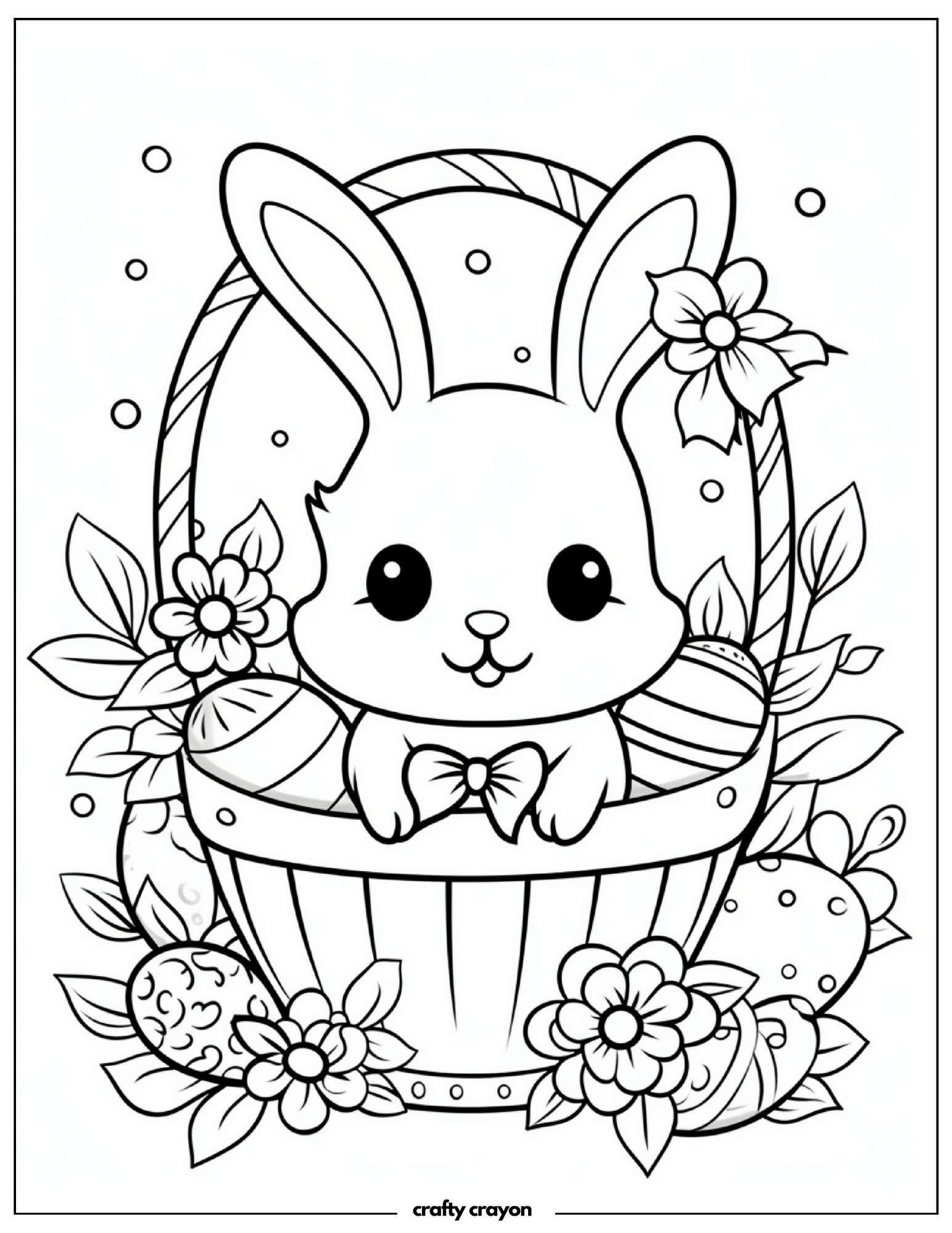 Bunny In Basket With Flowers And Eggs