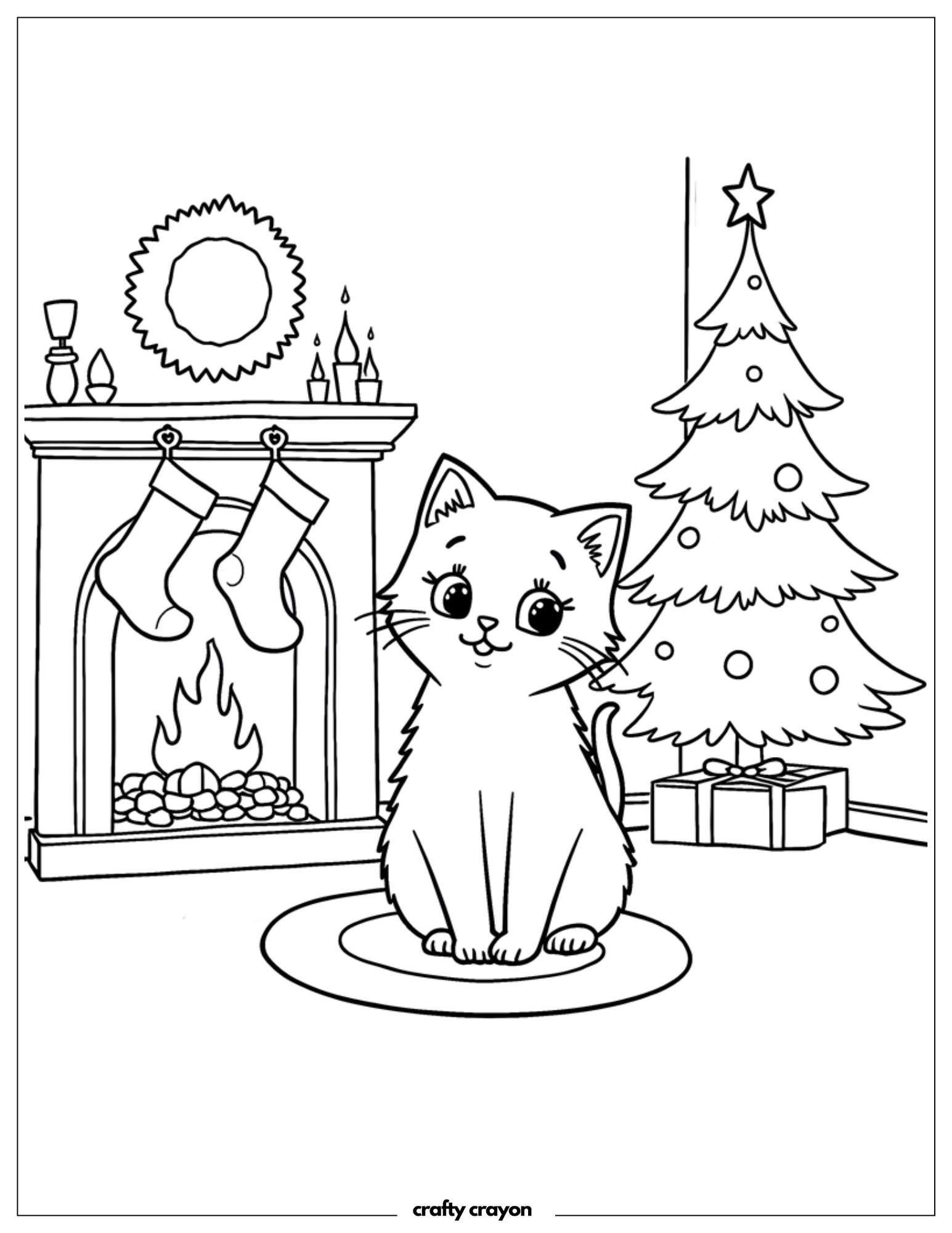 Christmas Cat And Tree By Fireplace