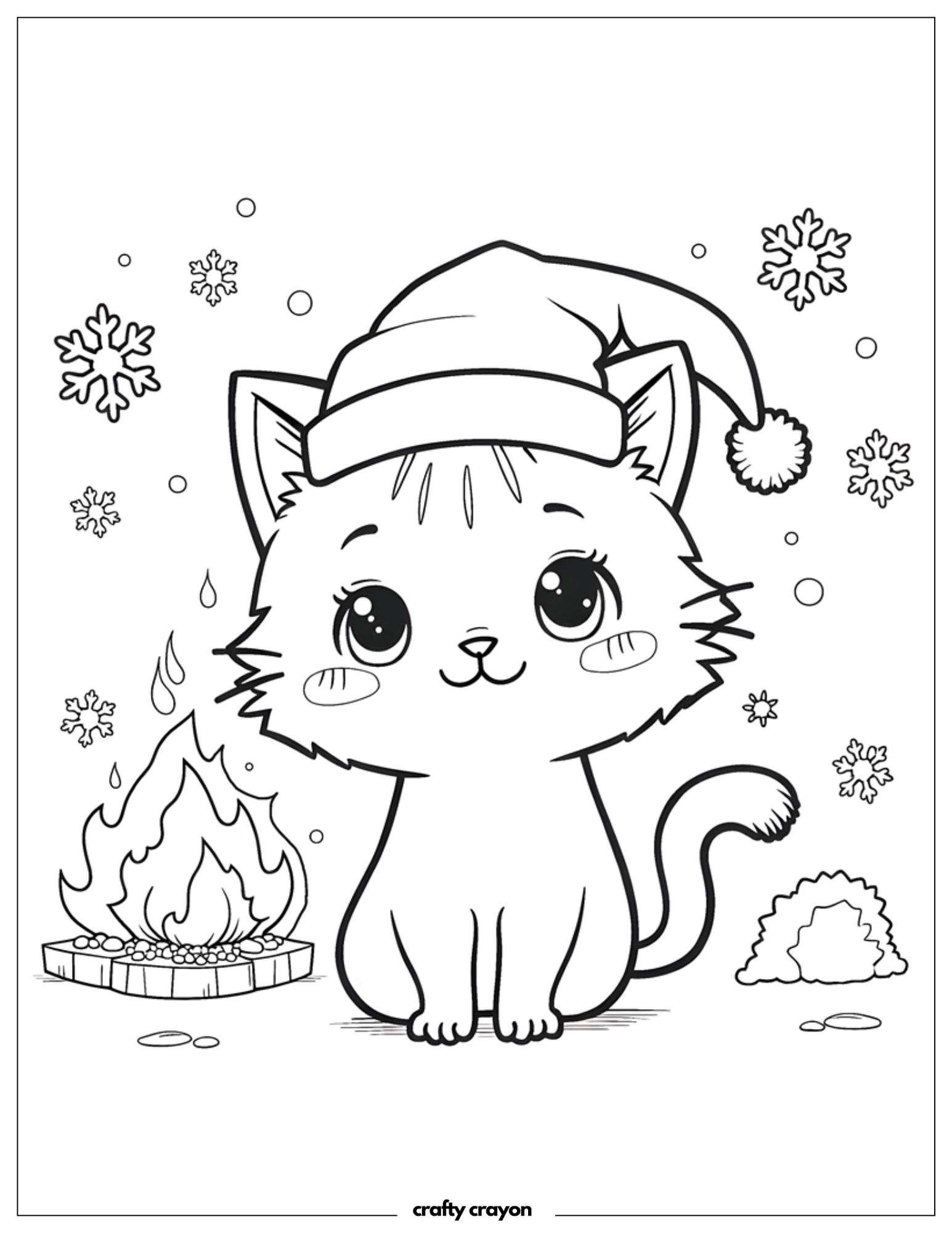 Christmas Cat By The Fire Coloring Page