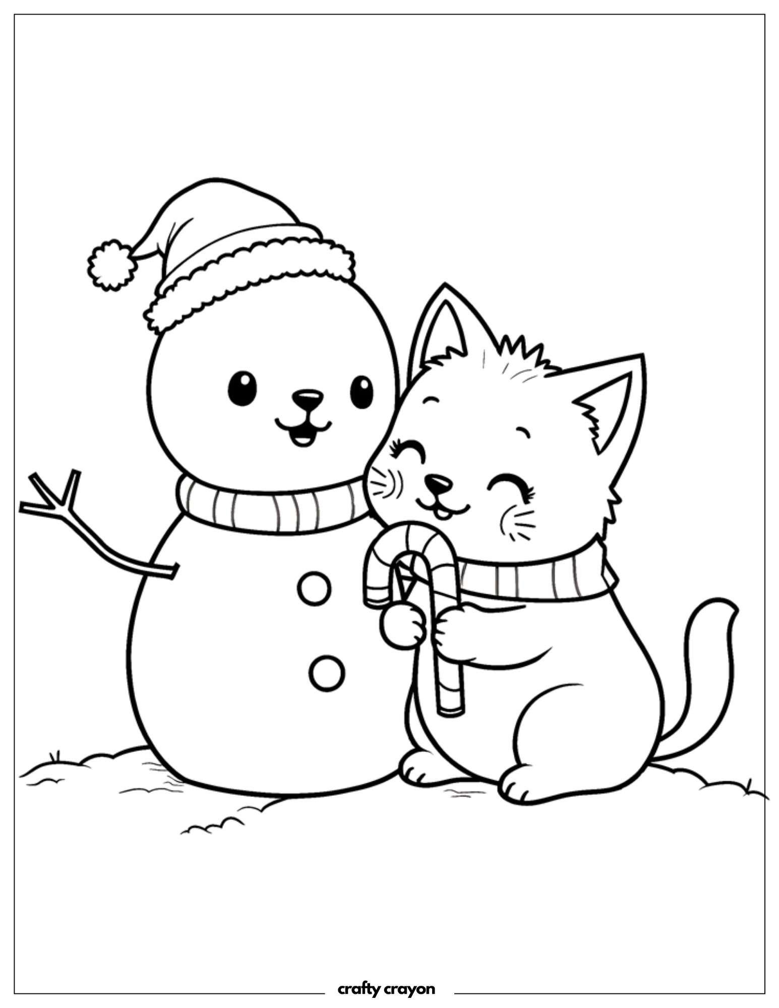 Christmas Cat Hugging Snowman Coloring Page