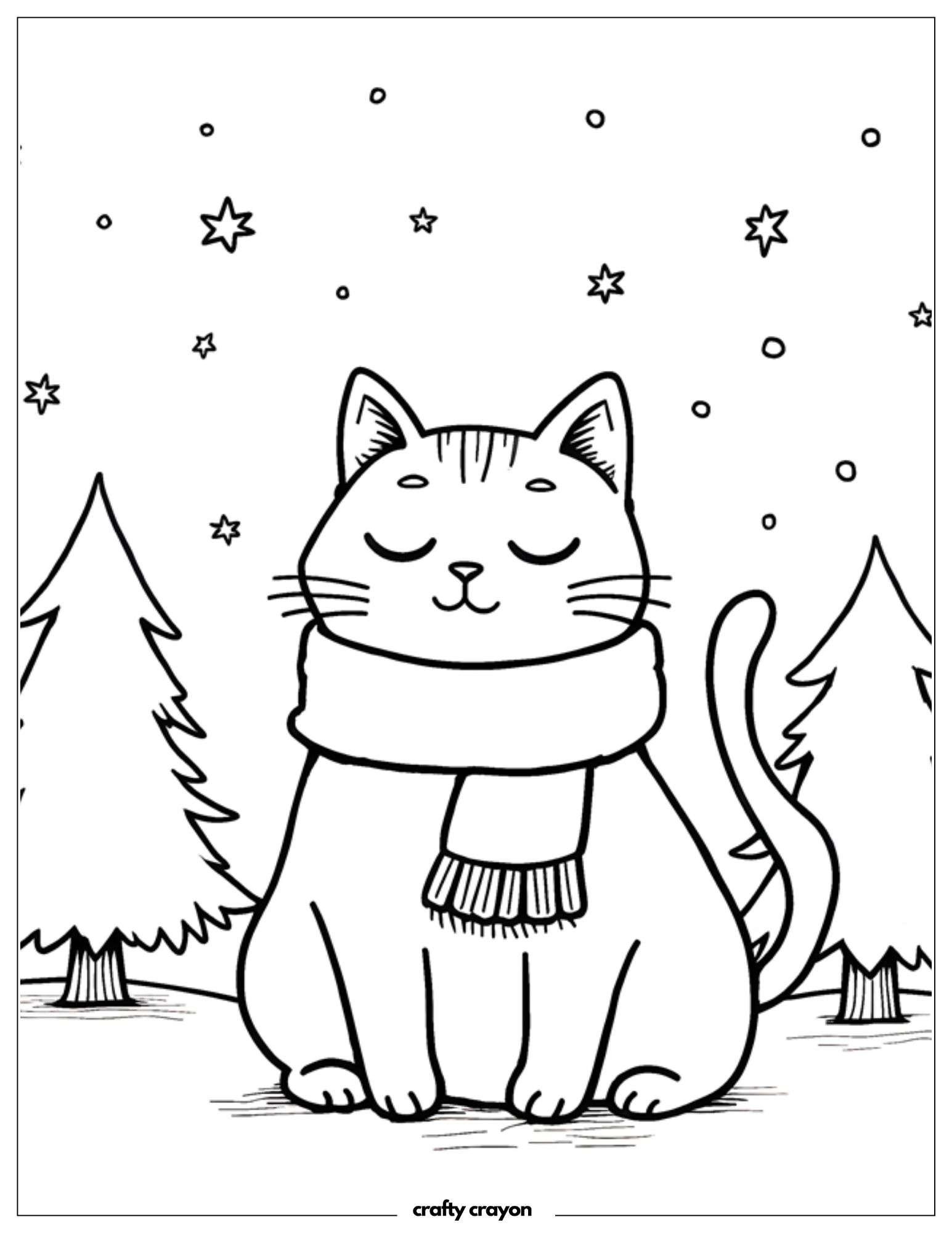 Christmas Cat In Scarf With Snowy Trees