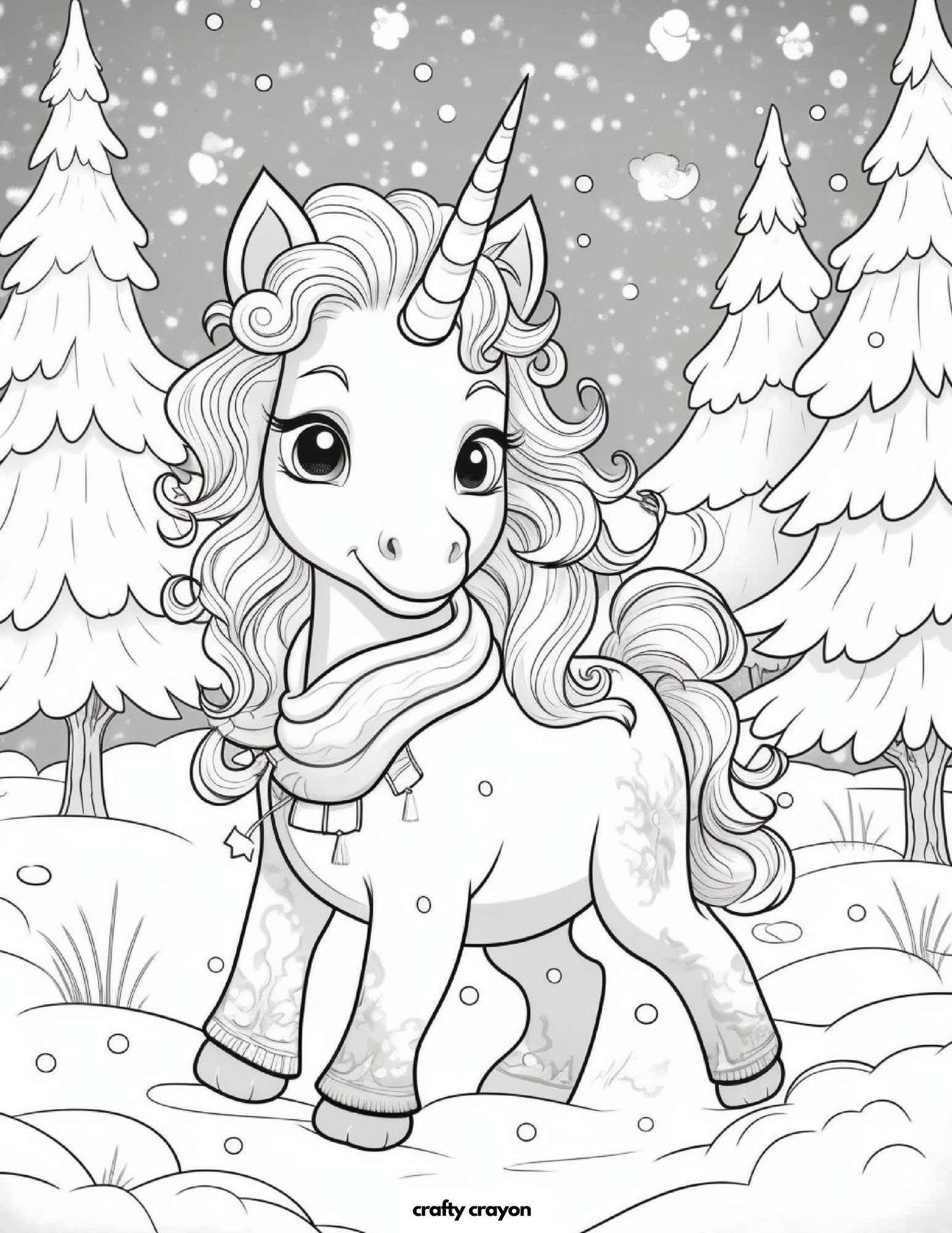 Cozy Unicorn Winter Scene Coloring Page