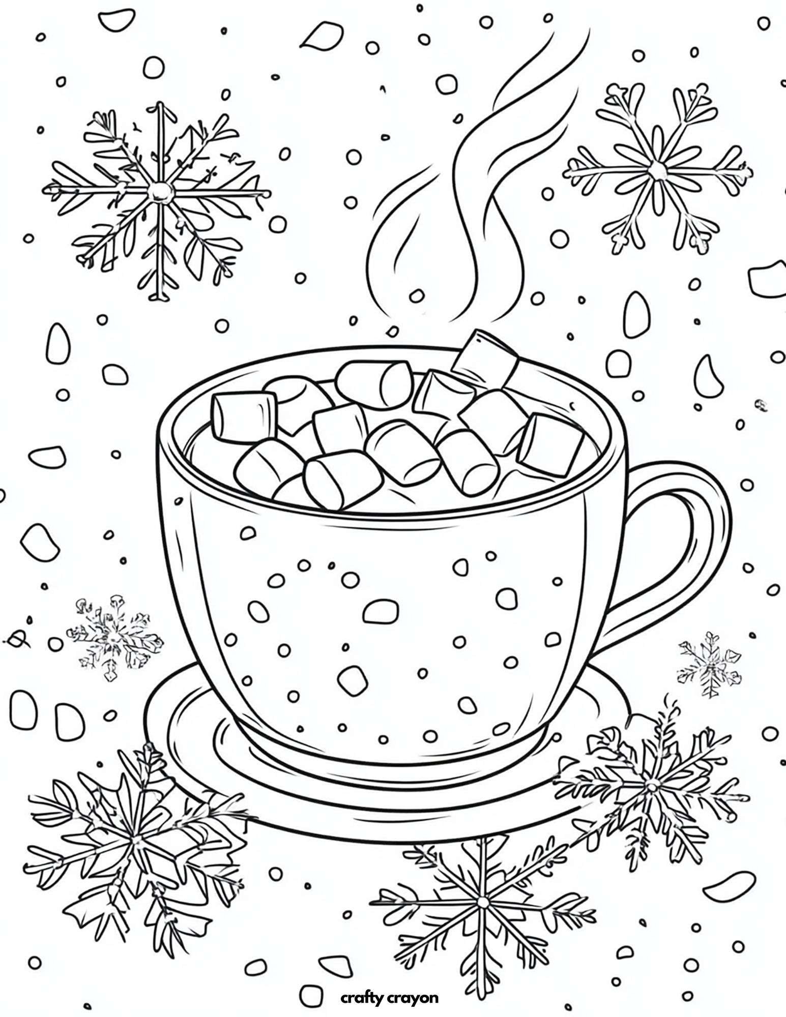 Hot Cocoa And Snowflakes Coloring Page