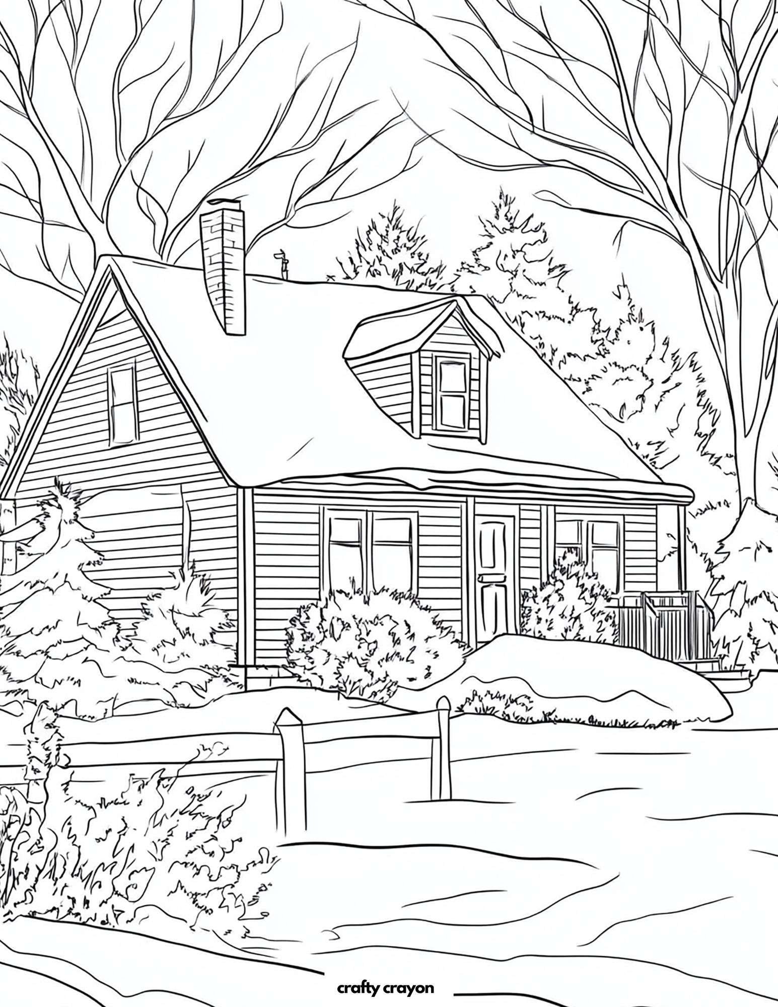 Snowy House Scene Coloring Page
