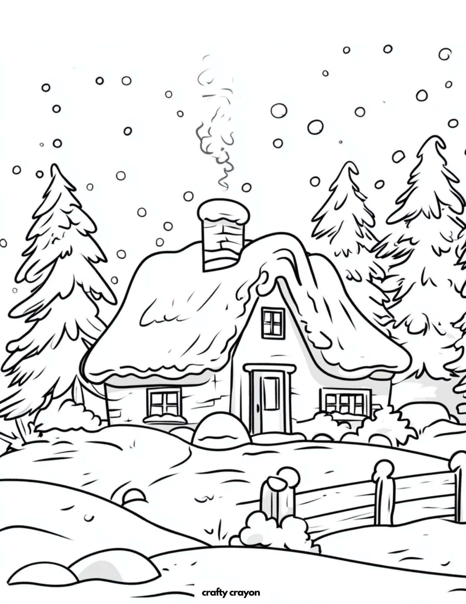 Winter Cabin In Snow Coloring Page