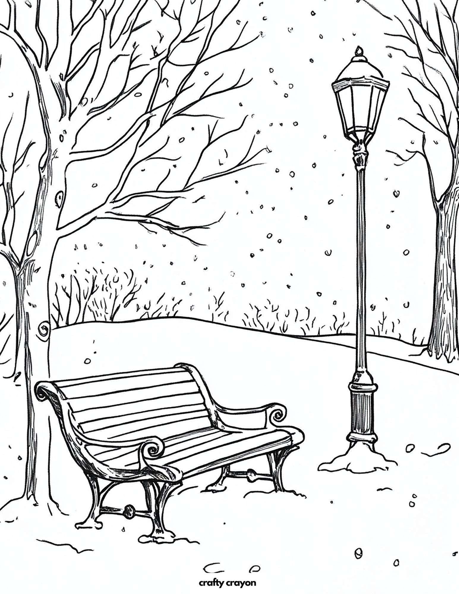 Winter Park Bench Scene Coloring Page