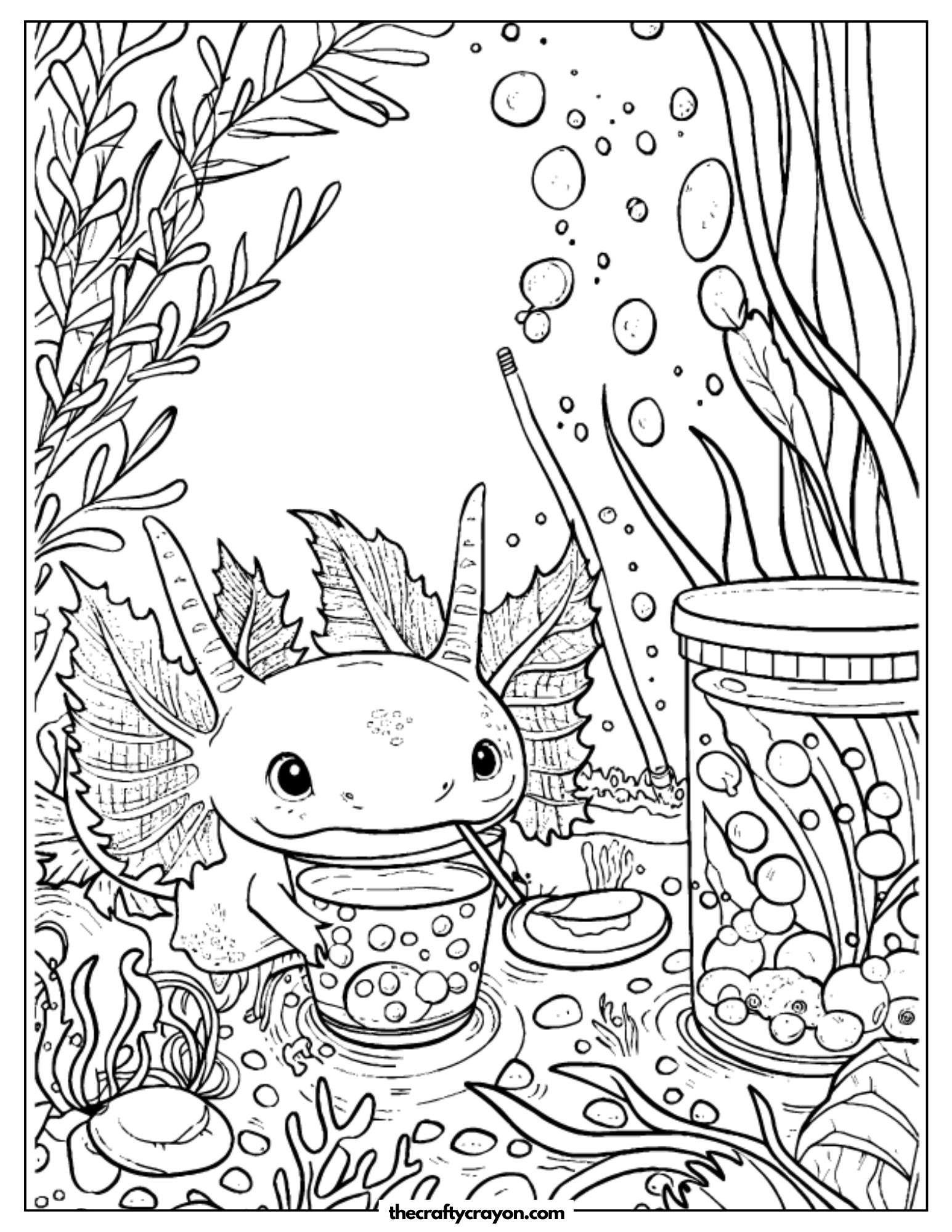 Axolotl and Fish in Sea Coloring Page