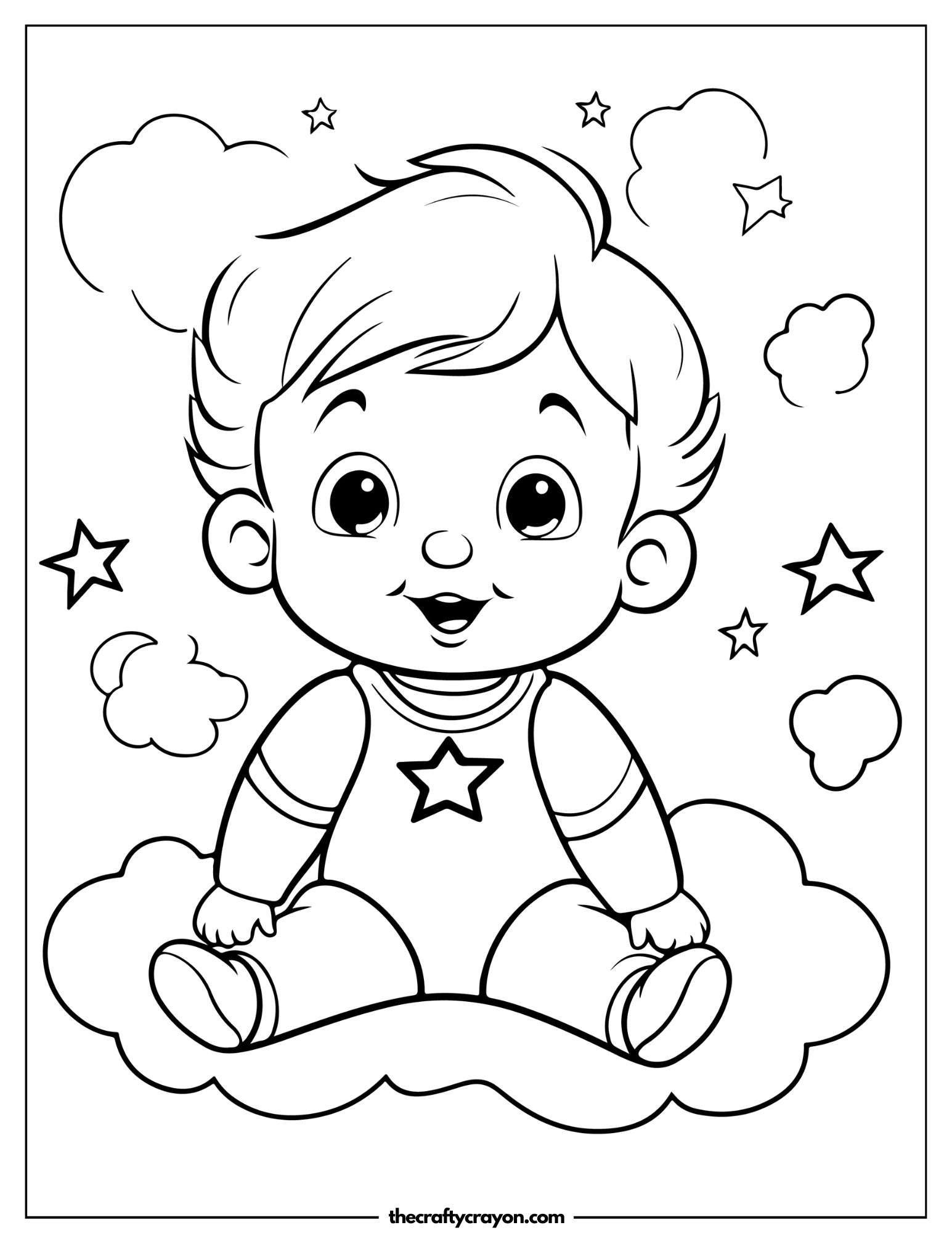 Baby Sitting on Cloud with Stars Coloring Page