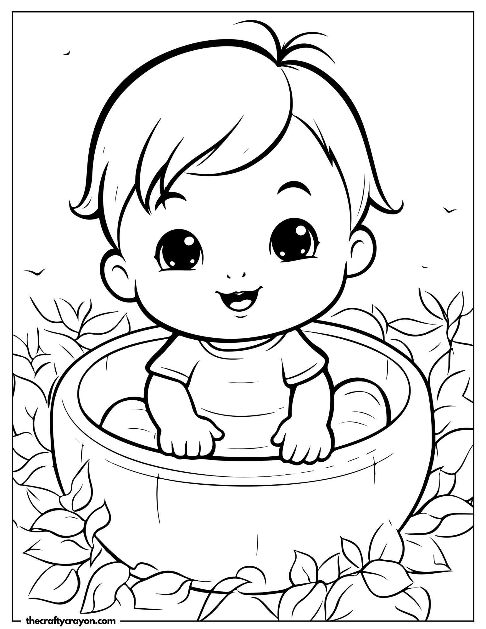Baby Smiling in a Basket Coloring Page