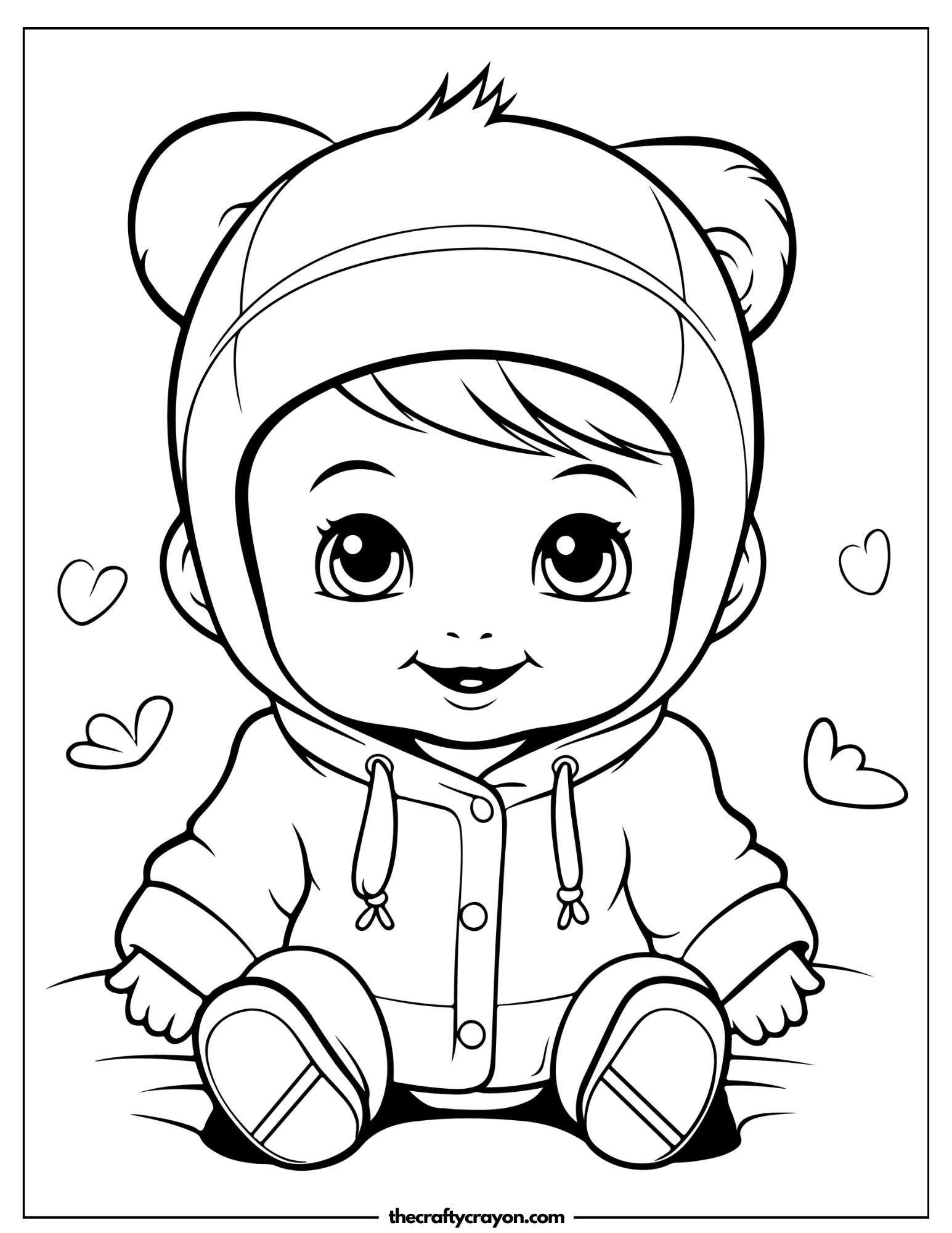 Baby in Hoodie with Hearts Coloring Page