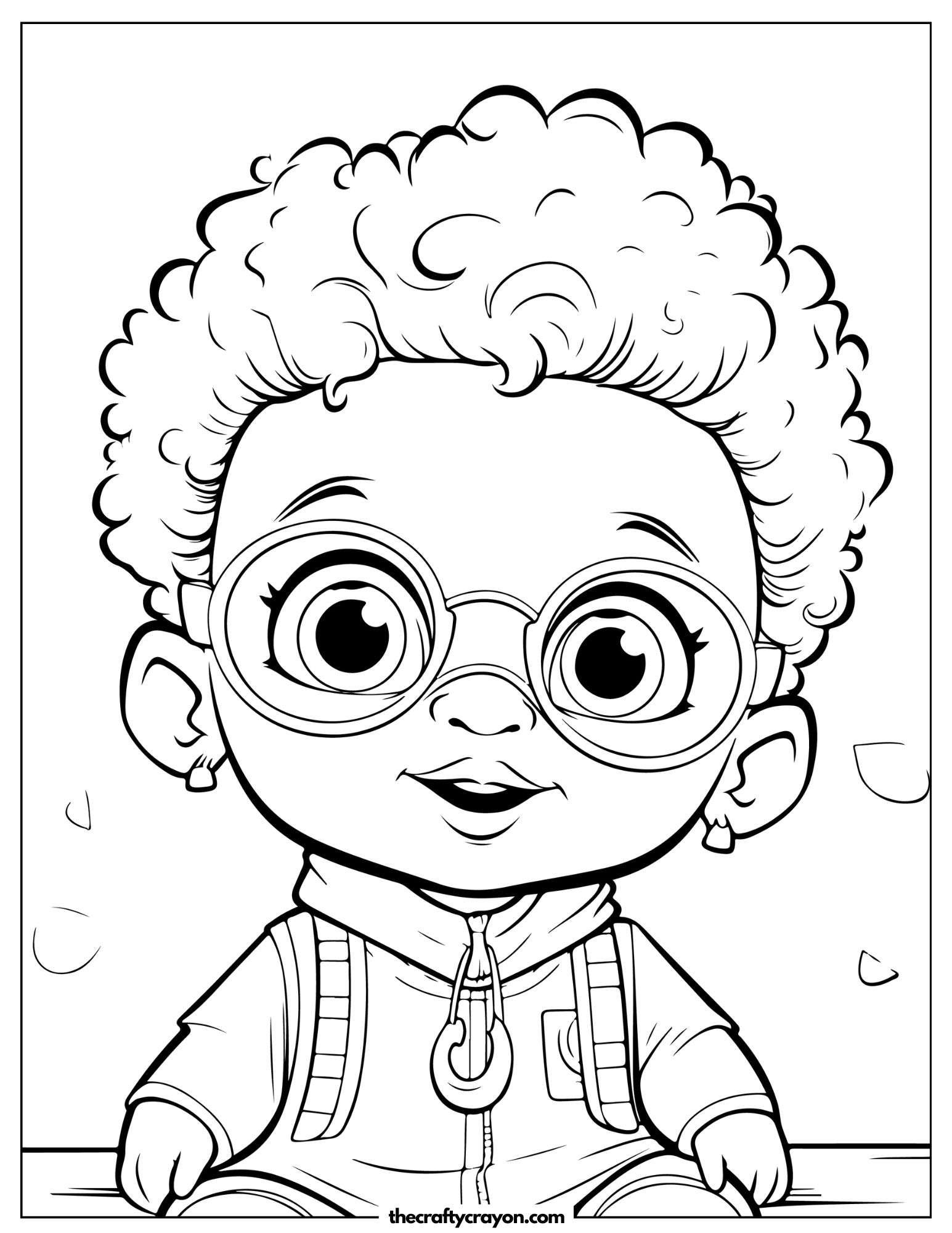 Baby with Curly Hair and Glasses Coloring Page