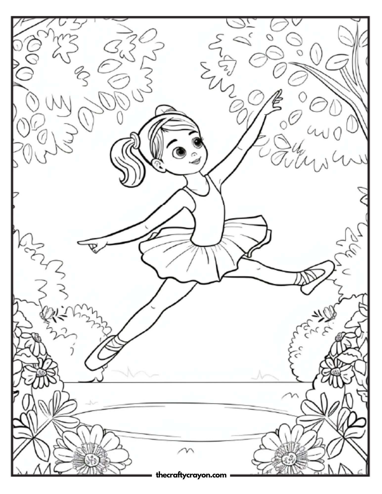 Ballerina Leaping in Garden Coloring Page