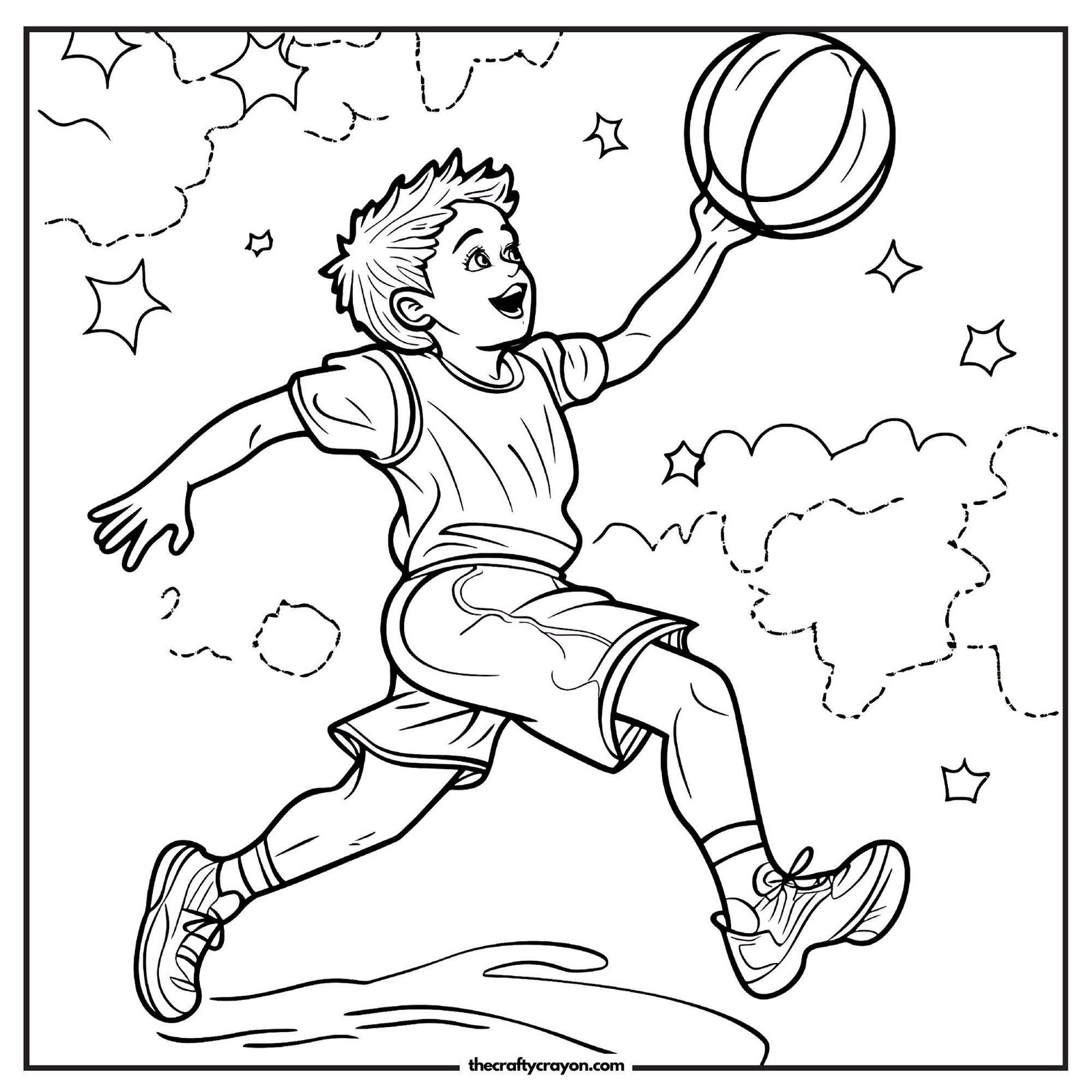 Basketball Player Jumping for Dunk Coloring Page