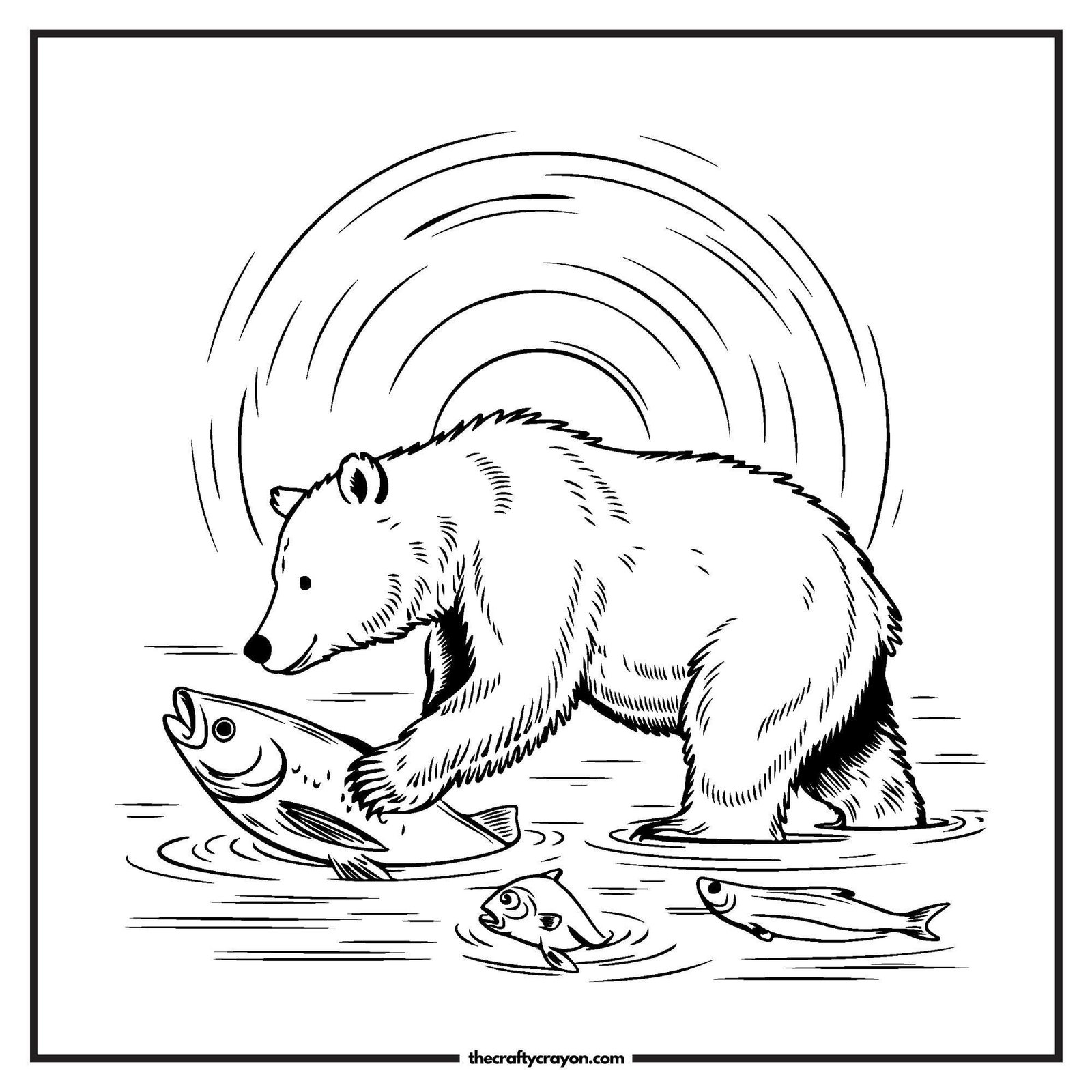 Bear Catching Fish At Sunset Coloring Page