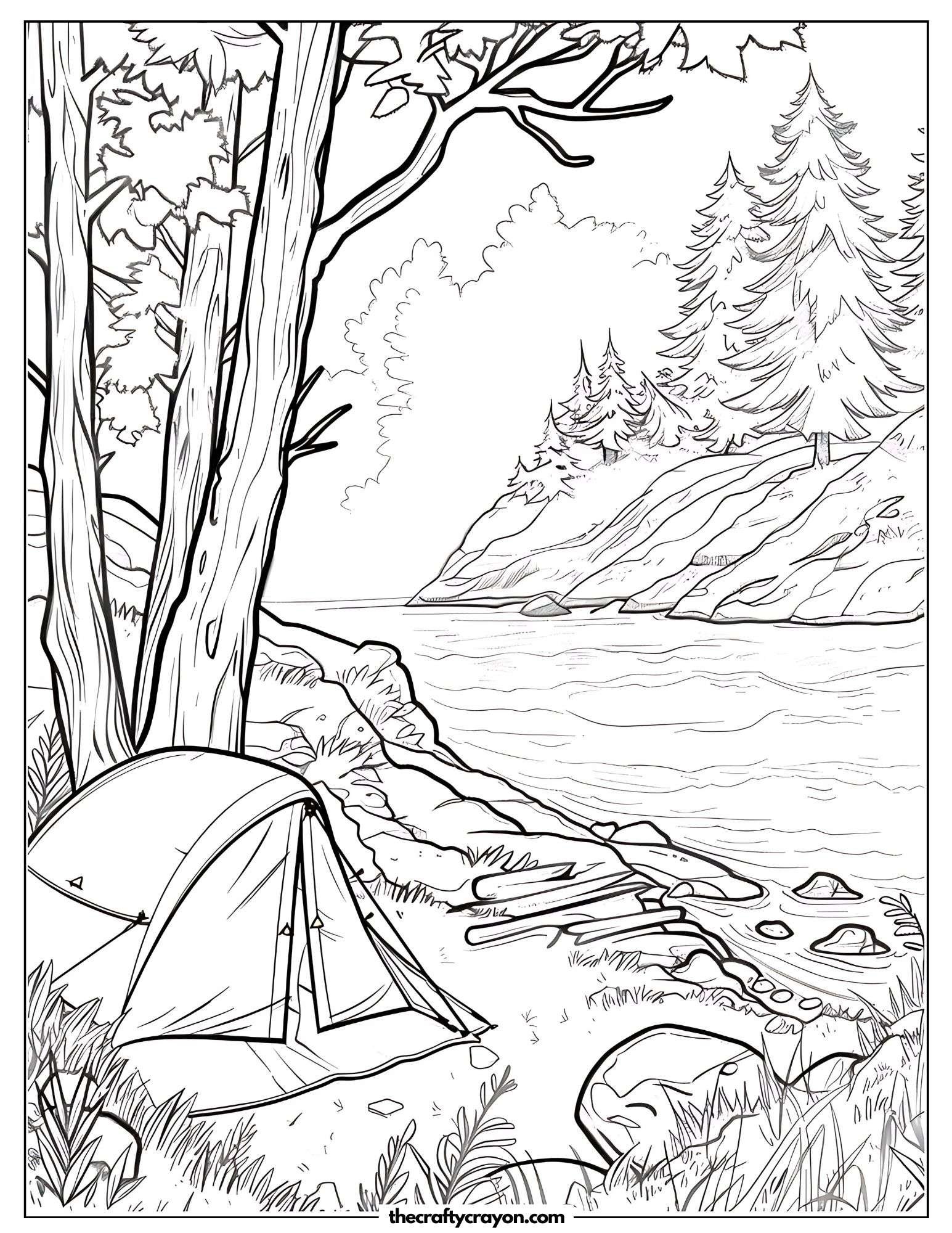 Camping by the Lake Coloring Page