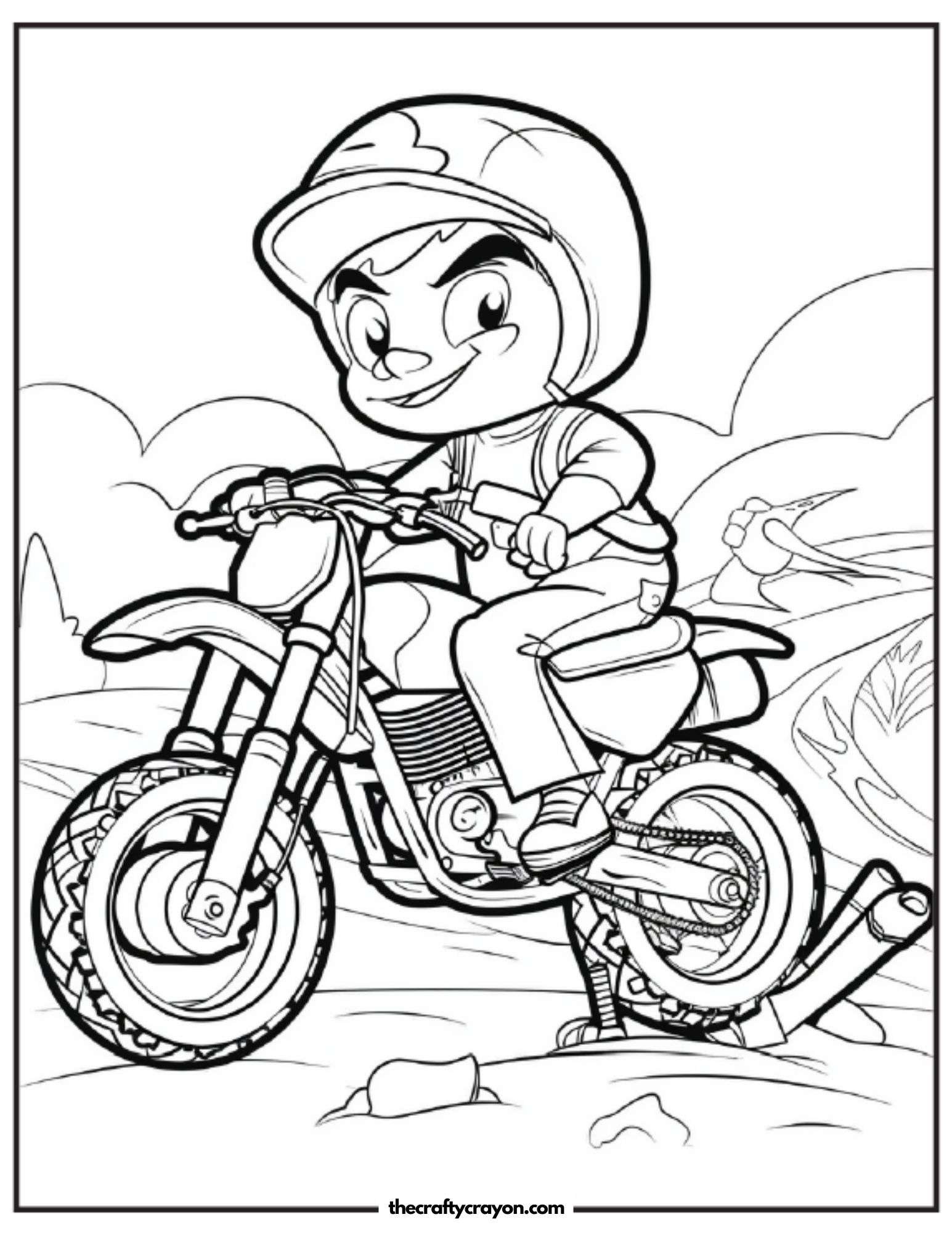 Child Smiling on Dirt Bike Coloring Page