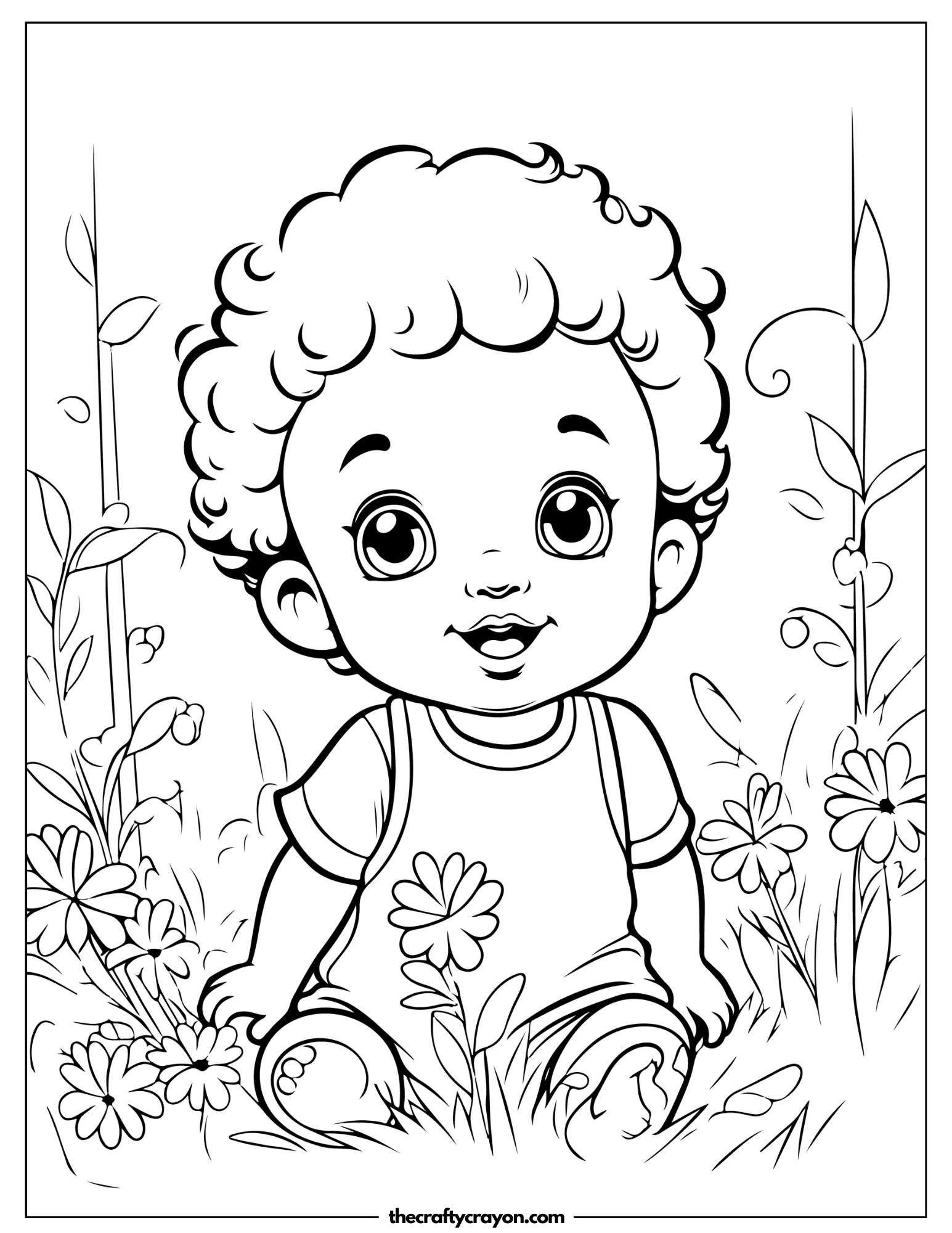 Cute Baby Sitting Among Flowers Coloring Page