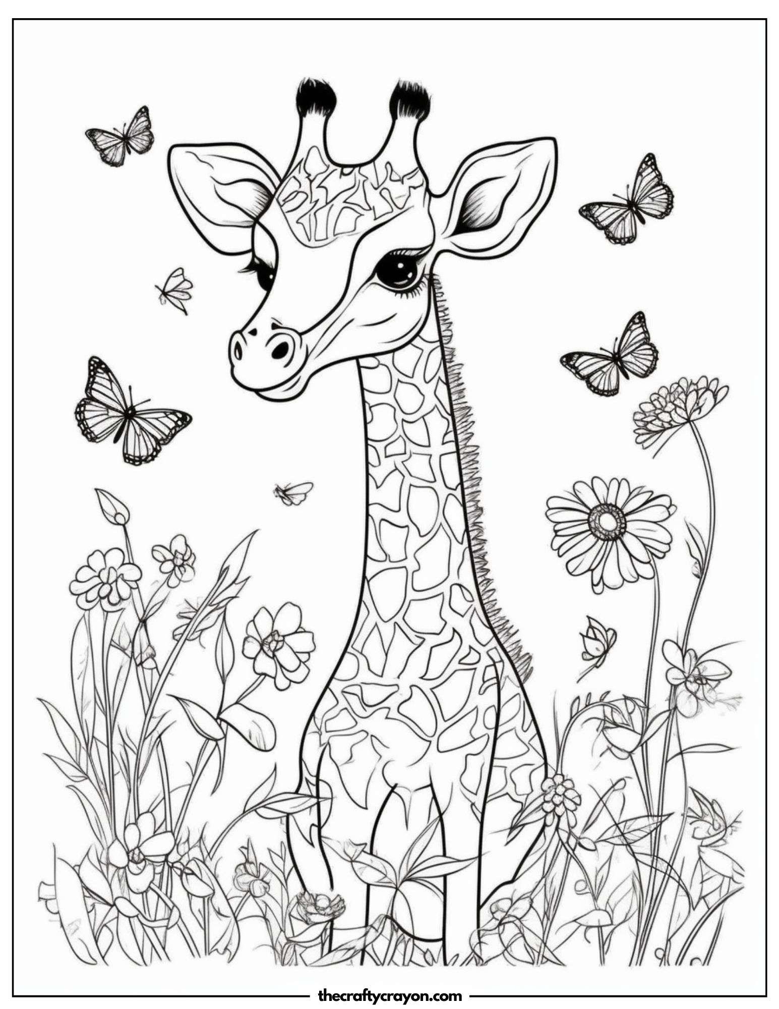 Cute Giraffe in Flower Field for Coloring Fun