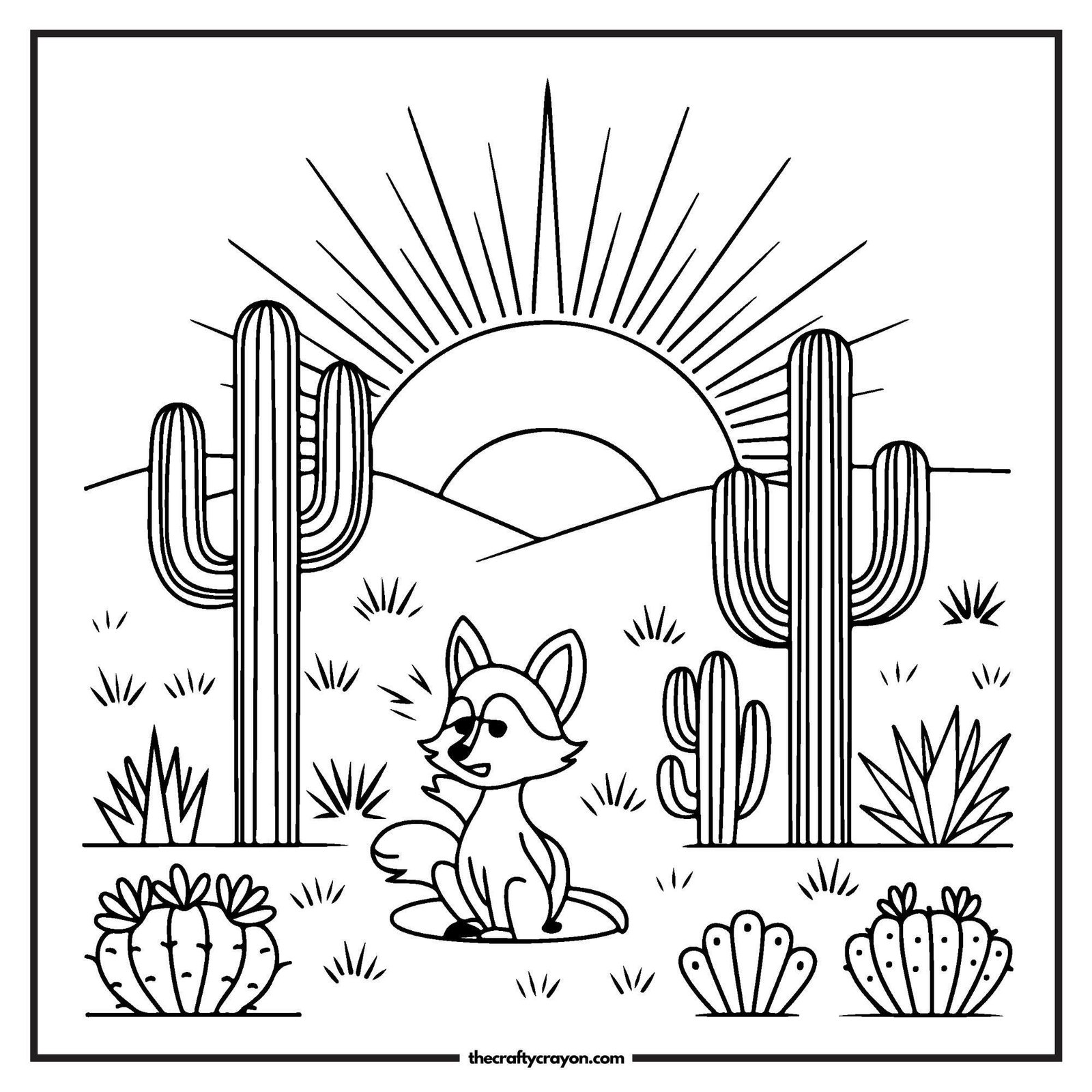 Desert Sunset With Cactus And A Fox