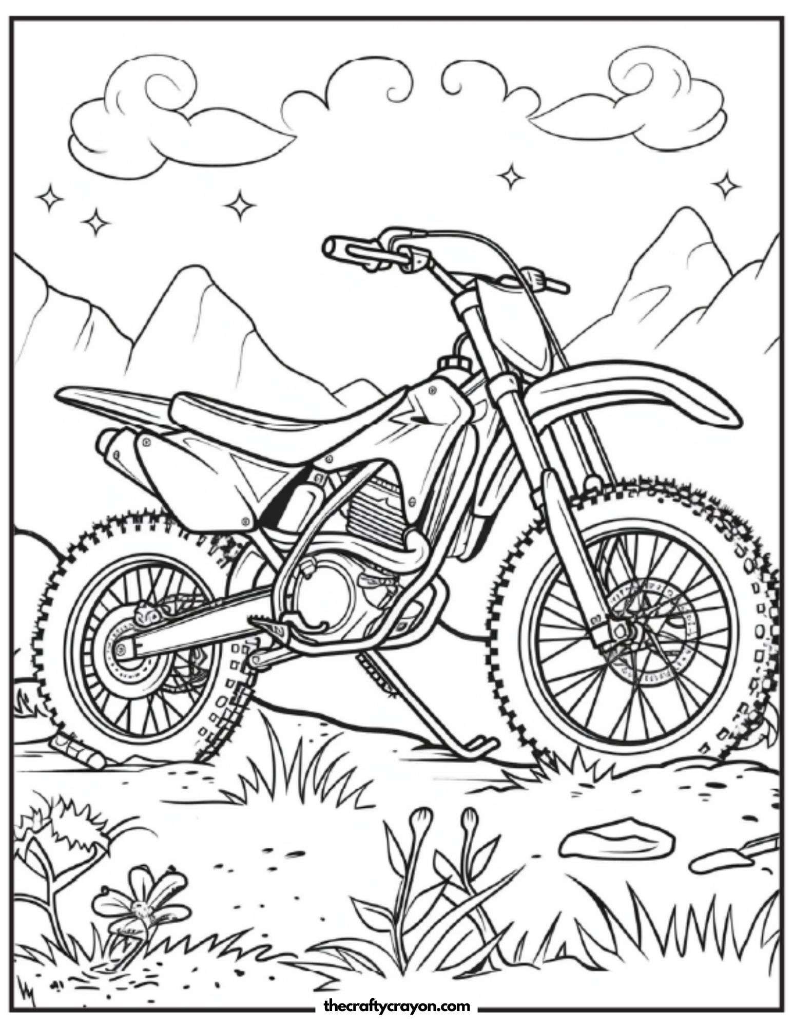 Dirt Bike Against Mountain Backdrop Coloring Page