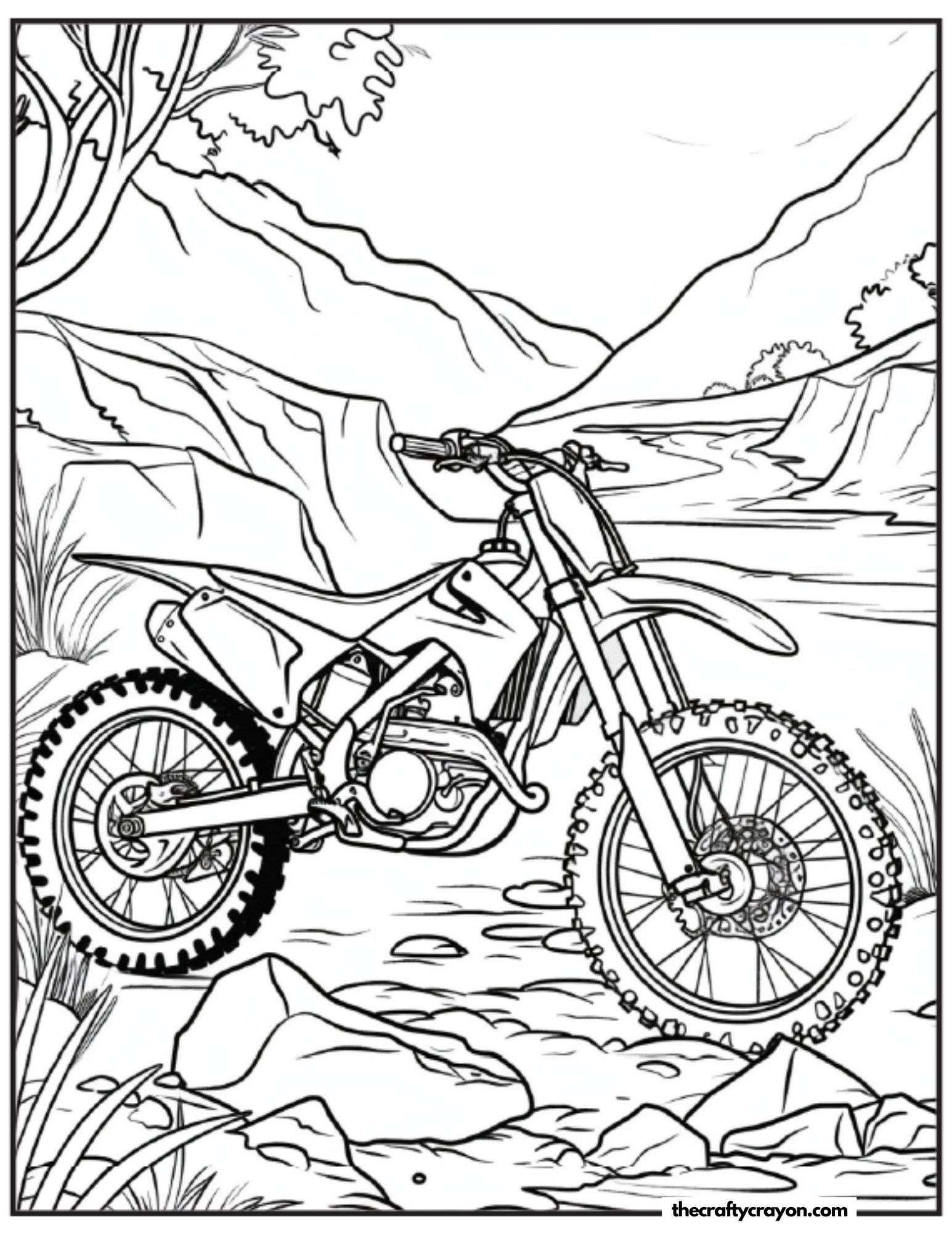 Dirt Bike Parked in Scenic Landscape Coloring Page