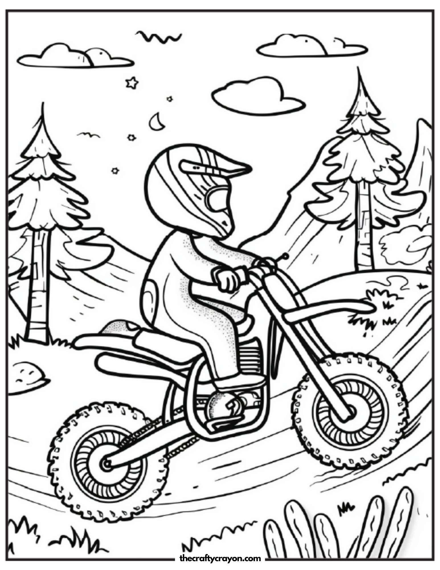 Dirt Bike Rider Under Starry Sky Coloring Page