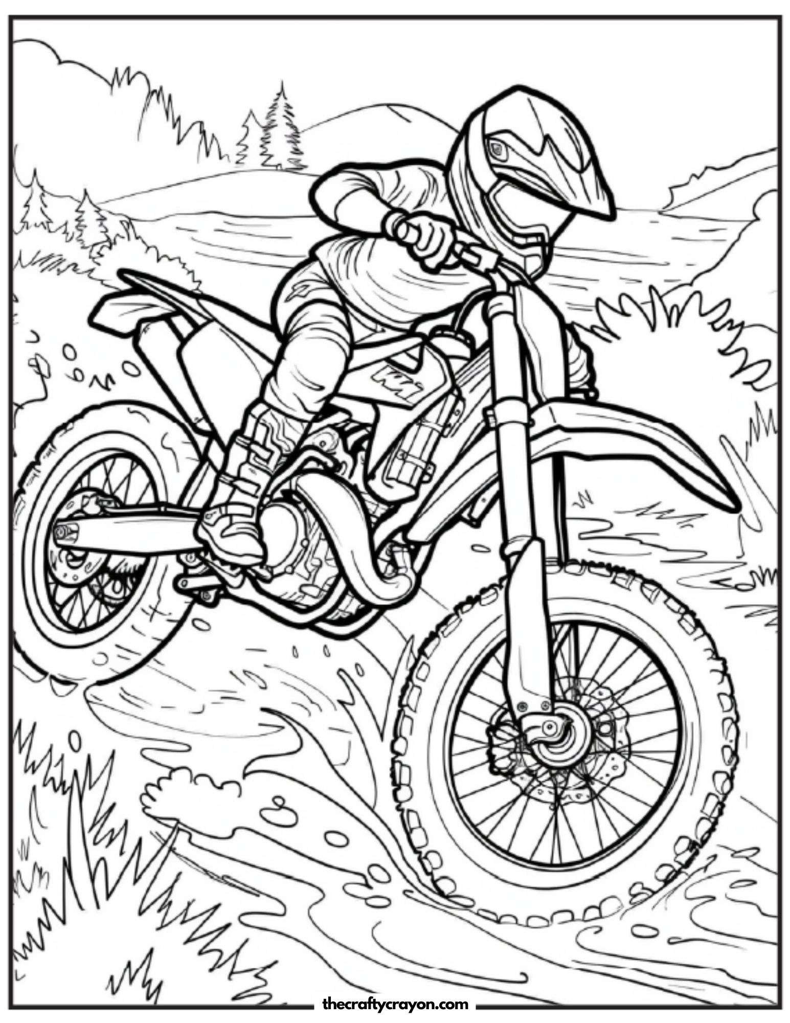 Dirt Biker Splashing Through Muddy Path Coloring Page