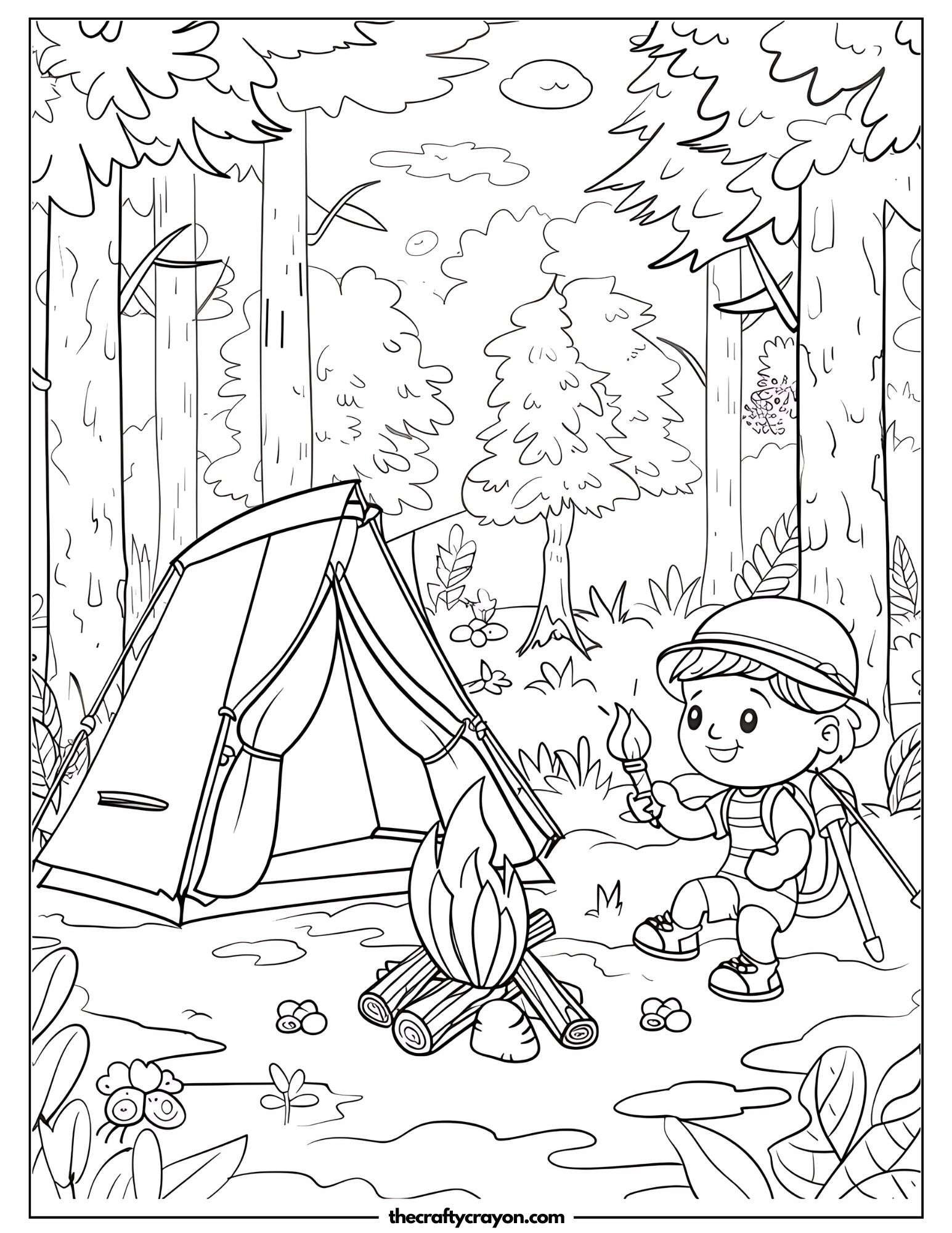 Family Camping in Woods Coloring Page
