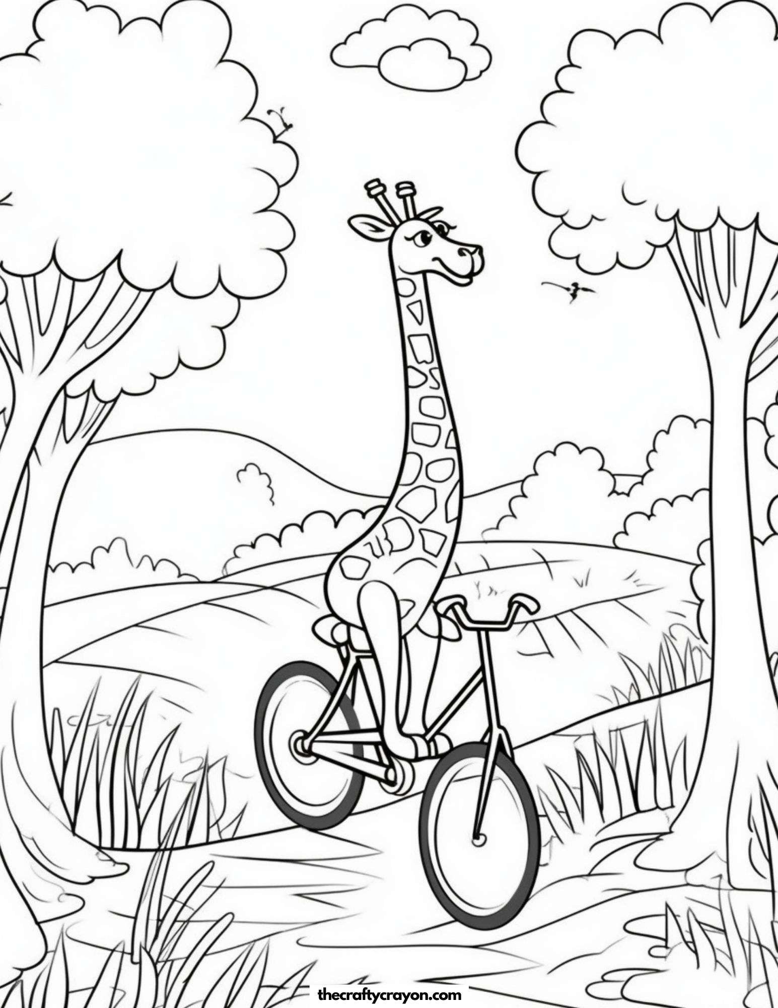 Giraffe Riding a Bicycle in the Forest