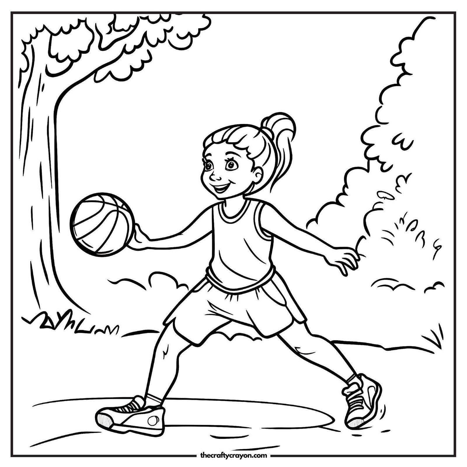 Girl Smiling While Dribbling Basketball Coloring Page