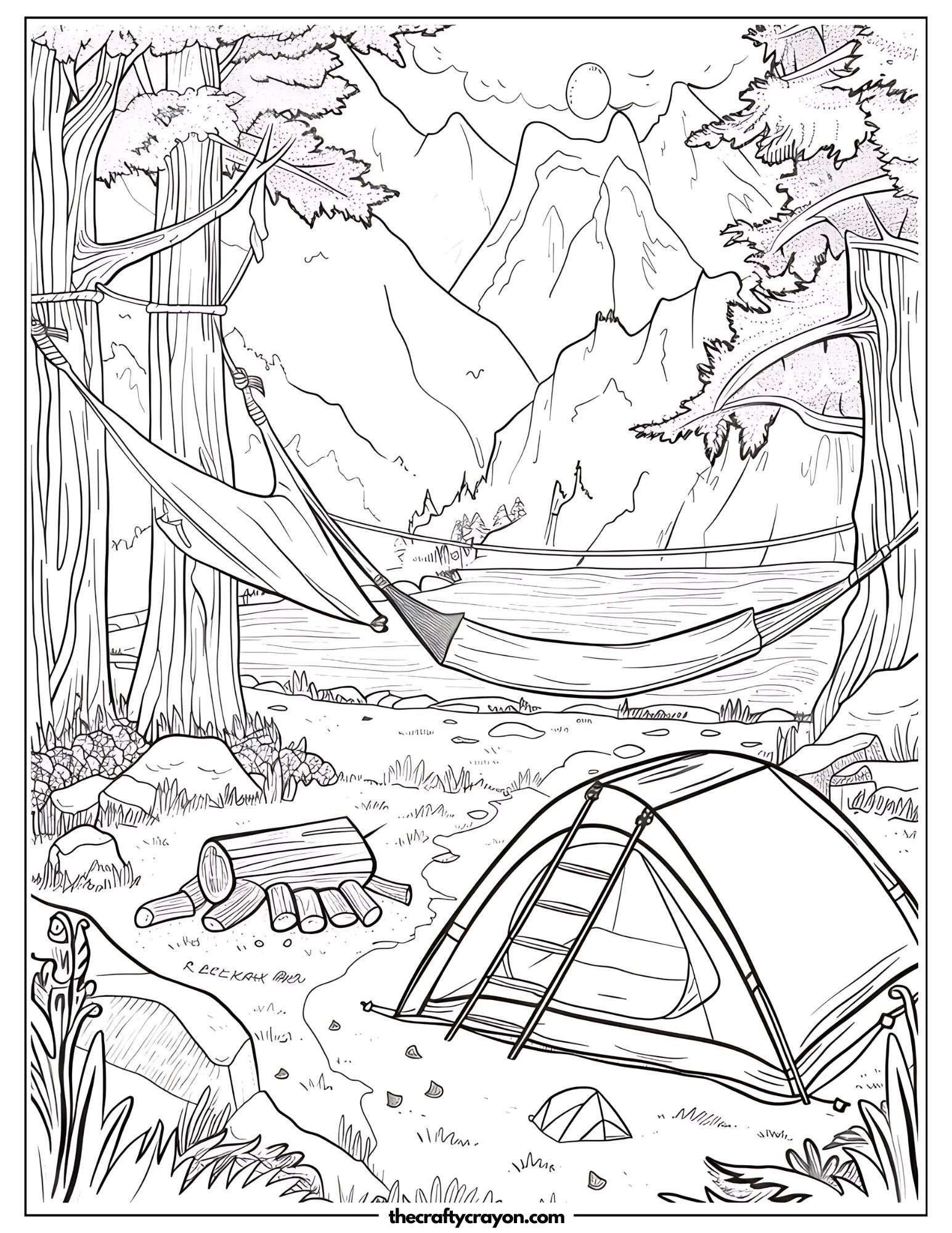 Hammock and Tent Camping Scene Coloring Page