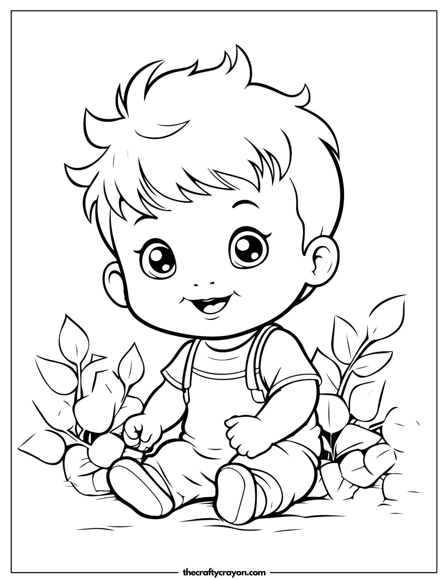 Happy Baby with Leaves Coloring Page