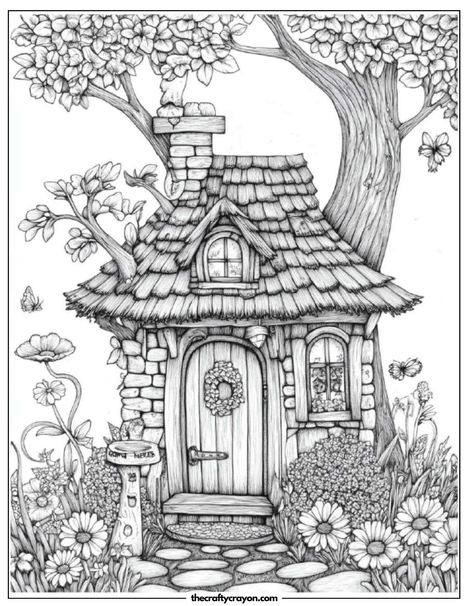 Hidden Fairy House Among Blooming Shrubs