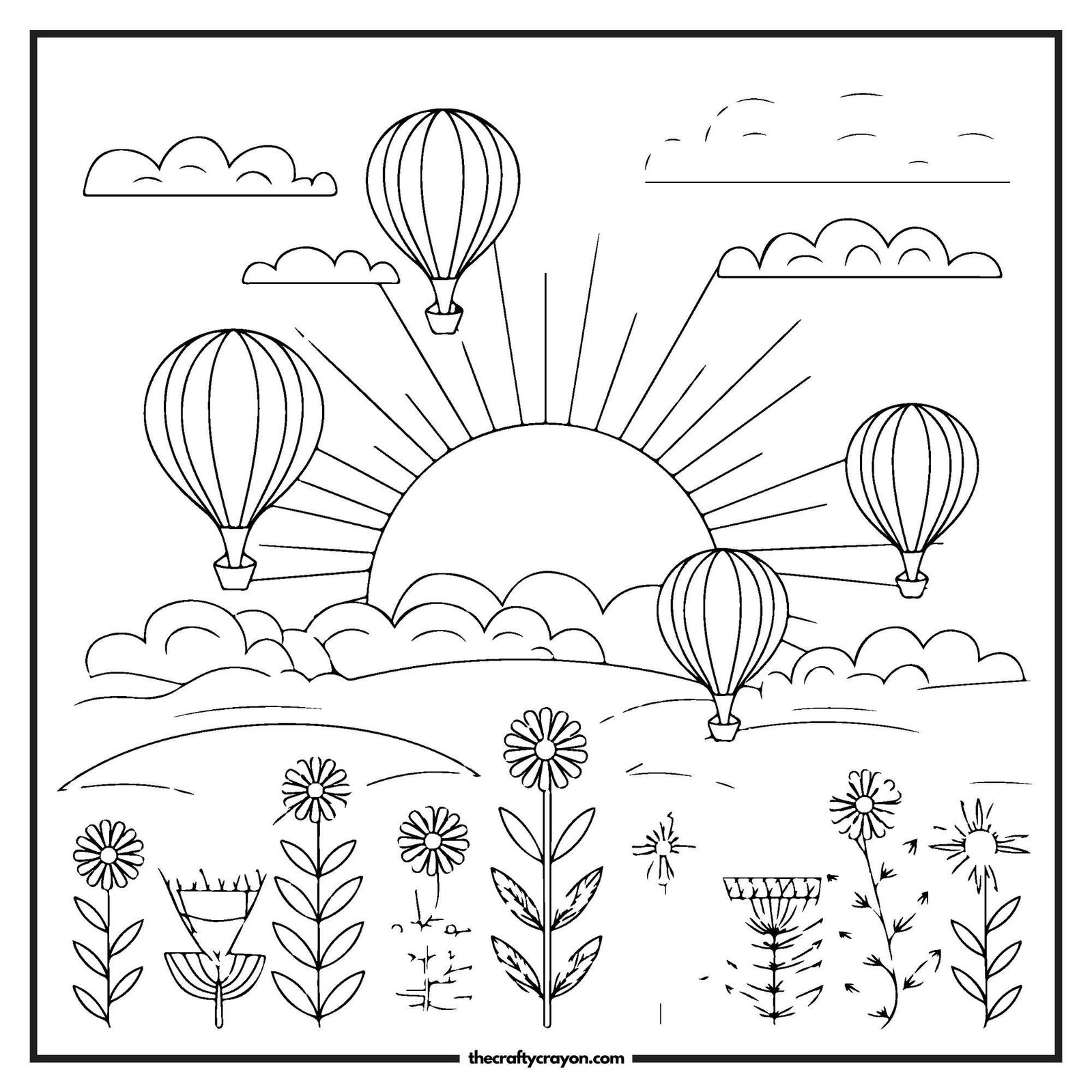 Hot Air Balloons Floating At Sunset Coloring Page