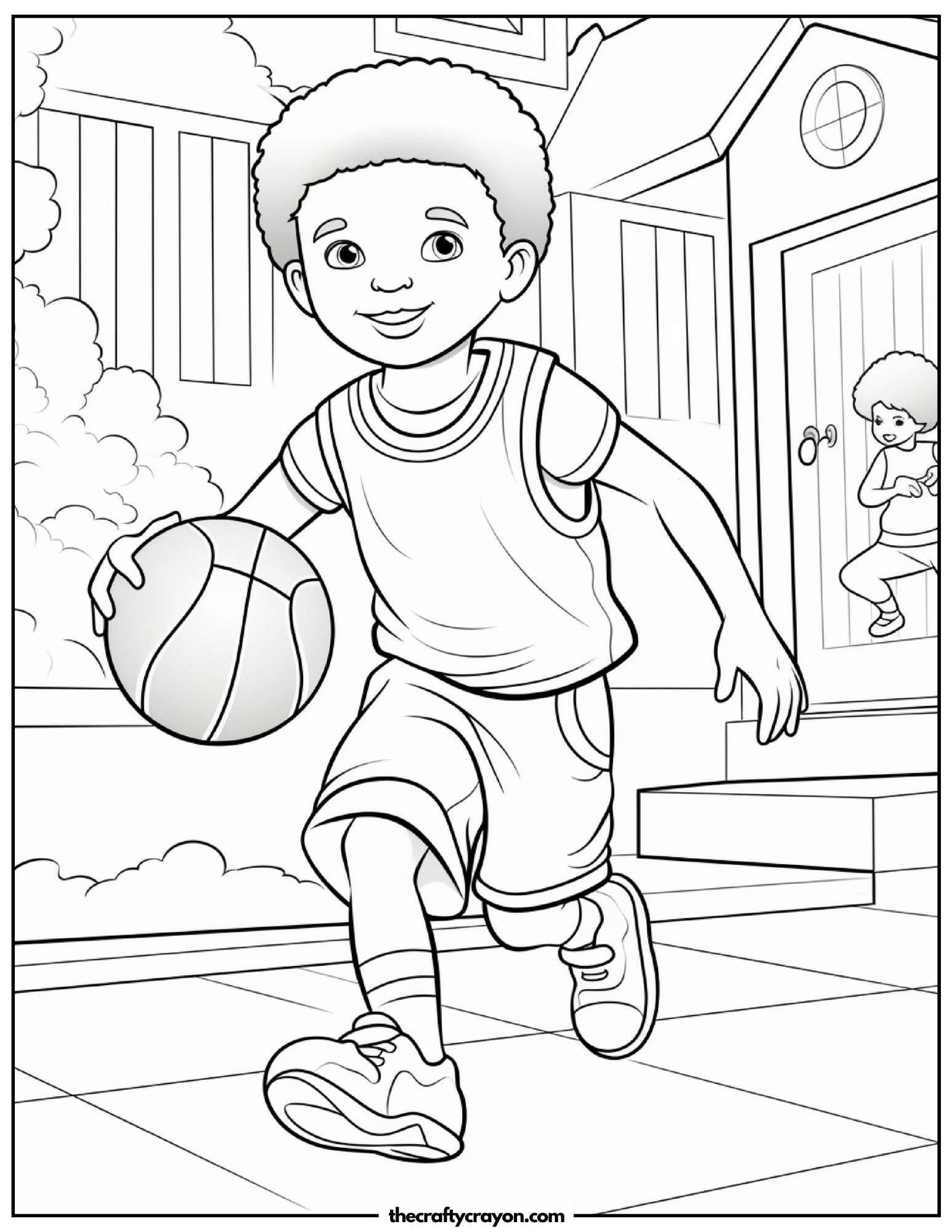 Kid Dribbling Basketball in Front of House Coloring Page