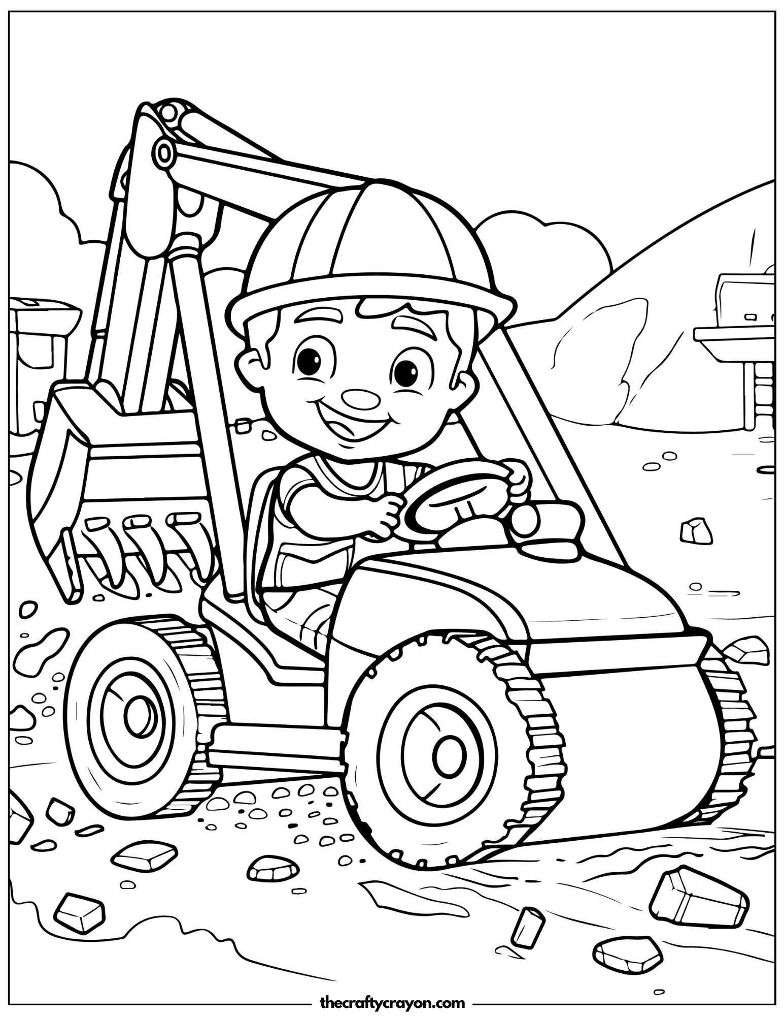 Kid Operating Backhoe Coloring Page