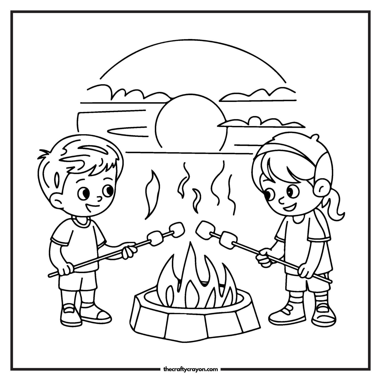 Kids Roasting Marshmallows At Sunset